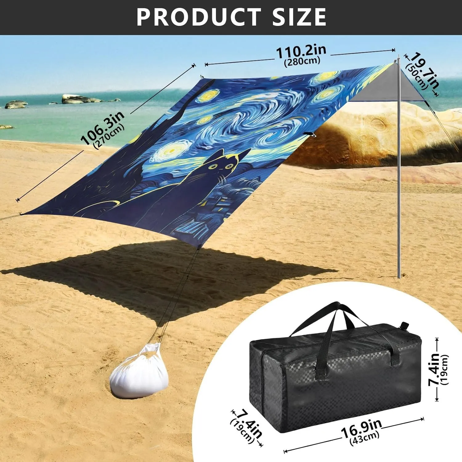 Cat Starry Night Blue Beach Tent Canopy Outdoor Sun Shade Patio Family Travel Camping Sun Shelter Canopies with Poles Sand Anchor 9.2 × 10.5 FT