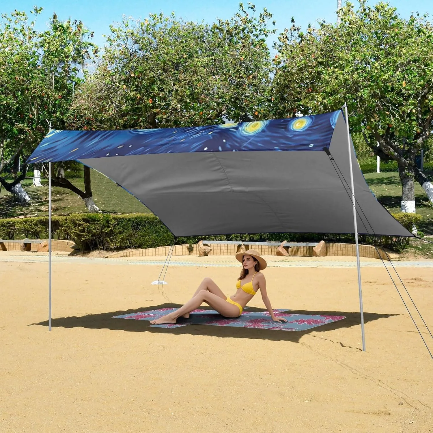 Cat Starry Night Blue Beach Tent Canopy Outdoor Sun Shade Patio Family Travel Camping Sun Shelter Canopies with Poles Sand Anchor 9.2 × 10.5 FT