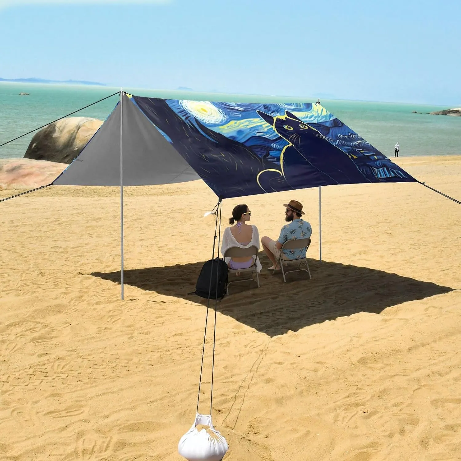 Cat Starry Night Blue Beach Tent Canopy Outdoor Sun Shade Patio Family Travel Camping Sun Shelter Canopies with Poles Sand Anchor 9.2 × 10.5 FT