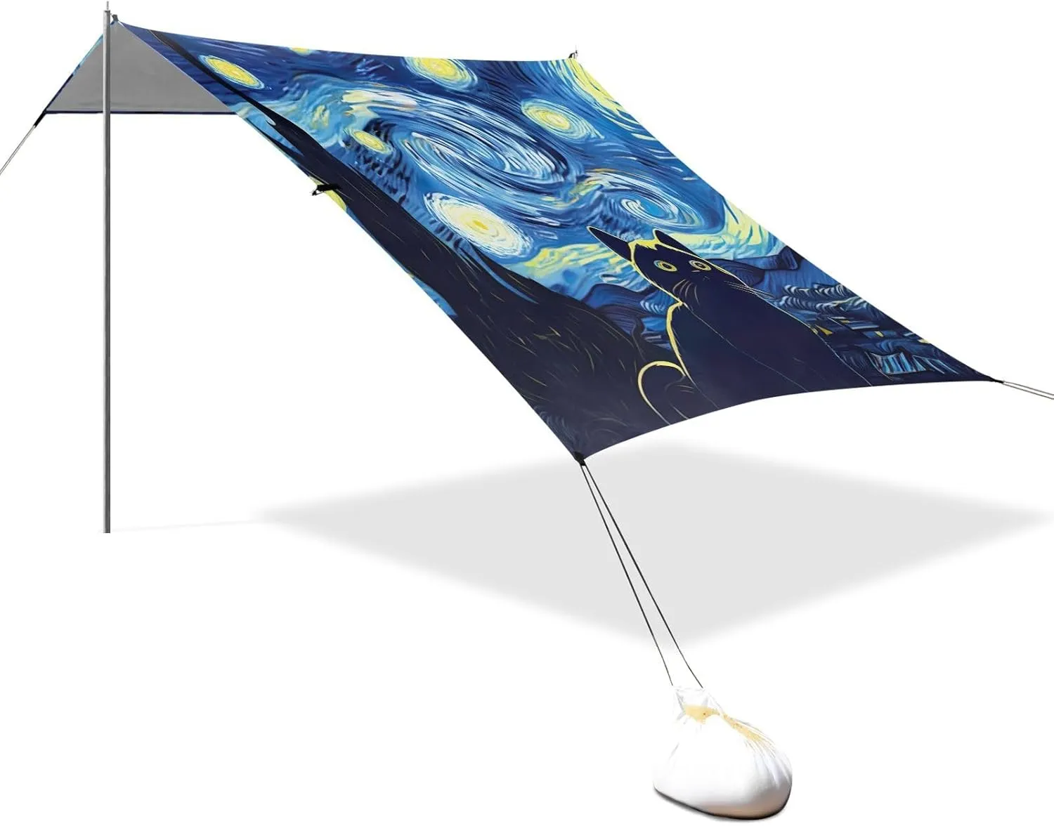 Cat Starry Night Blue Beach Tent Canopy Outdoor Sun Shade Patio Family Travel Camping Sun Shelter Canopies with Poles Sand Anchor 9.2 × 10.5 FT
