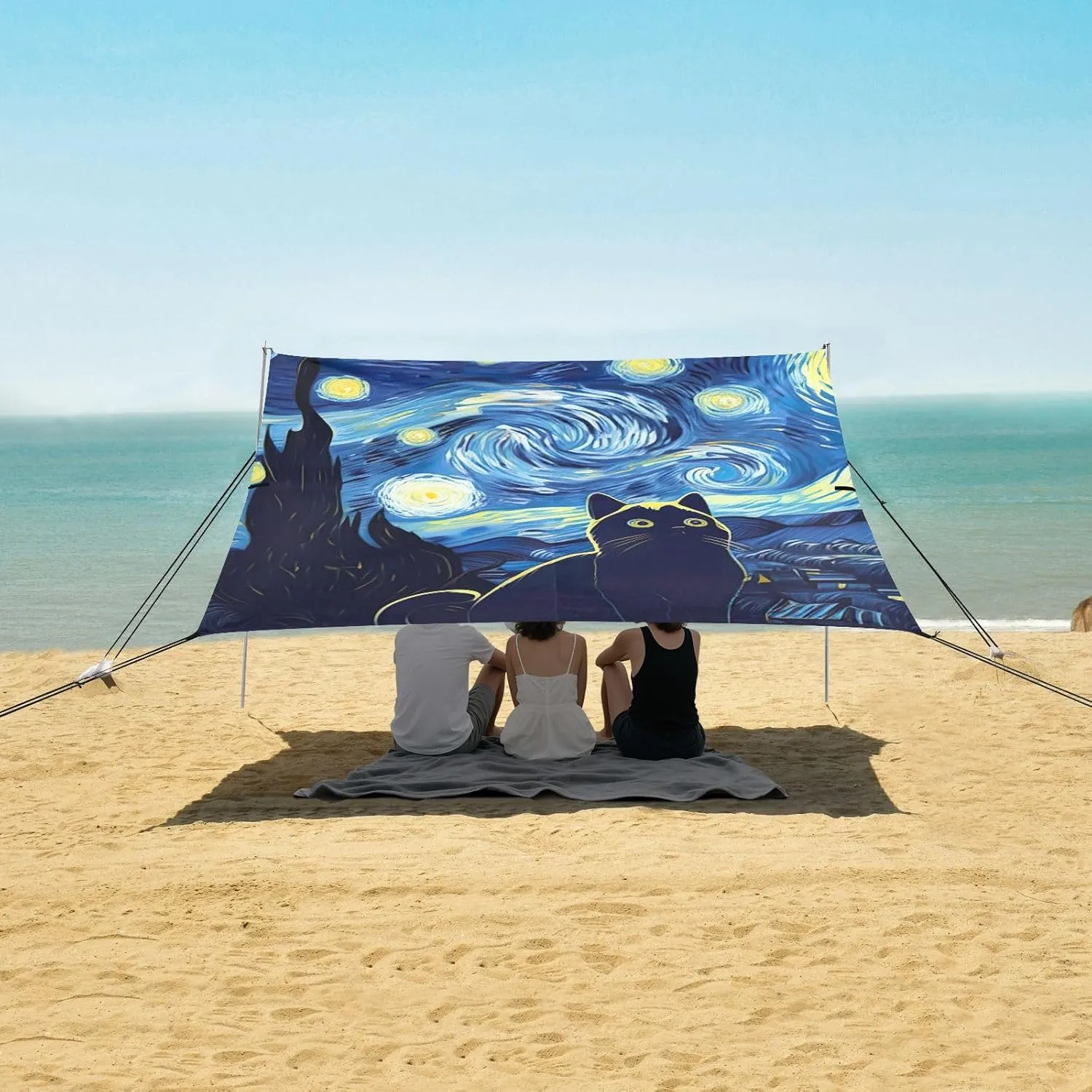 Cat Starry Night Blue Beach Tent Canopy Outdoor Sun Shade Patio Family Travel Camping Sun Shelter Canopies with Poles Sand Anchor 9.2 × 10.5 FT