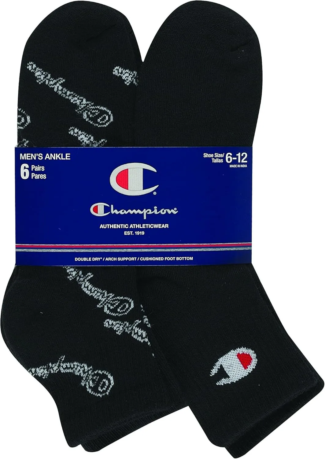 Champion Men's Double Dry Moisture Wicking Ankle Socks; 6, 8, 12 Packs Available