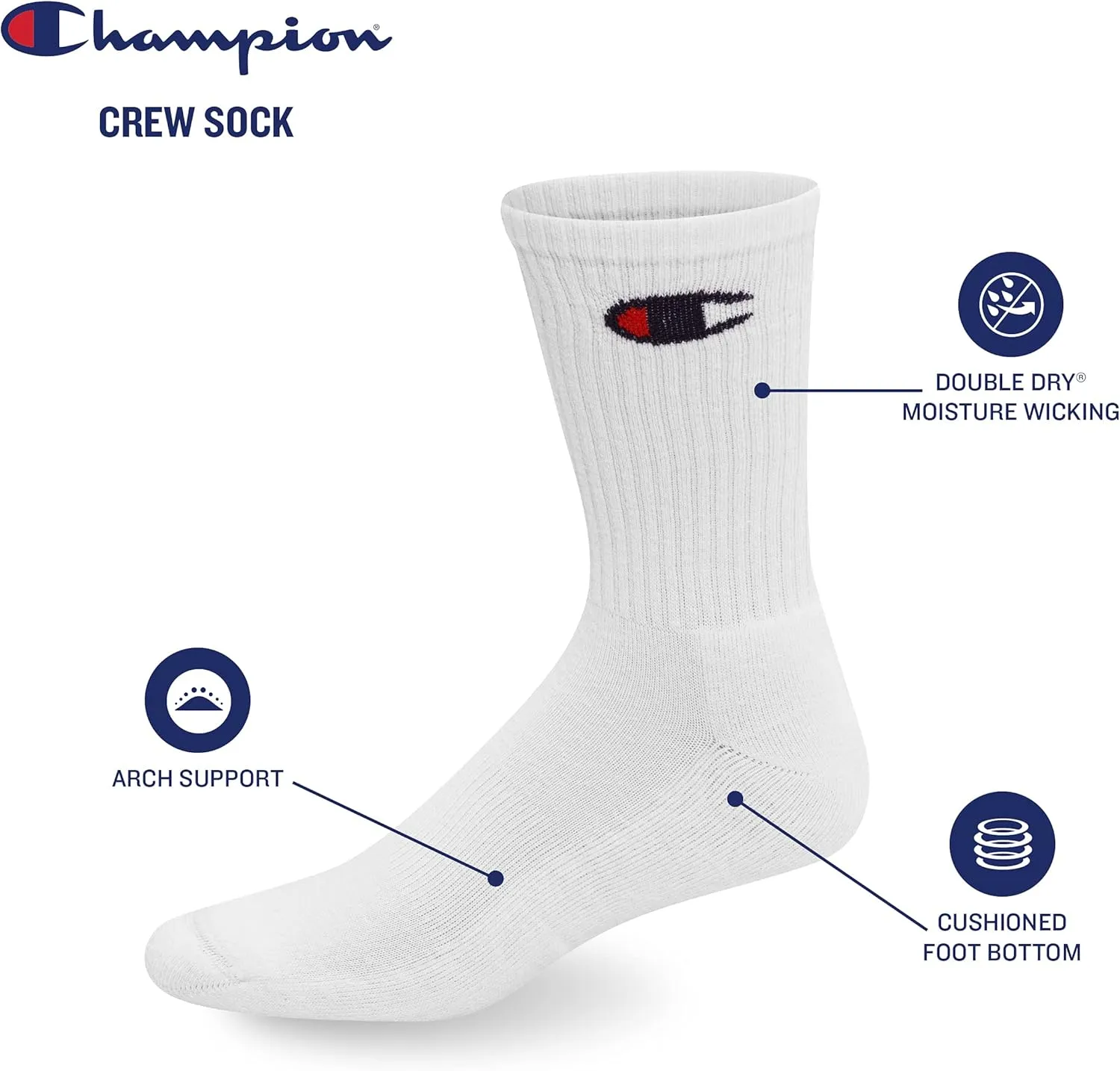 Champion Men's Double Dry Moisture Wicking Crew Socks; 6, 8, 12 Packs Available