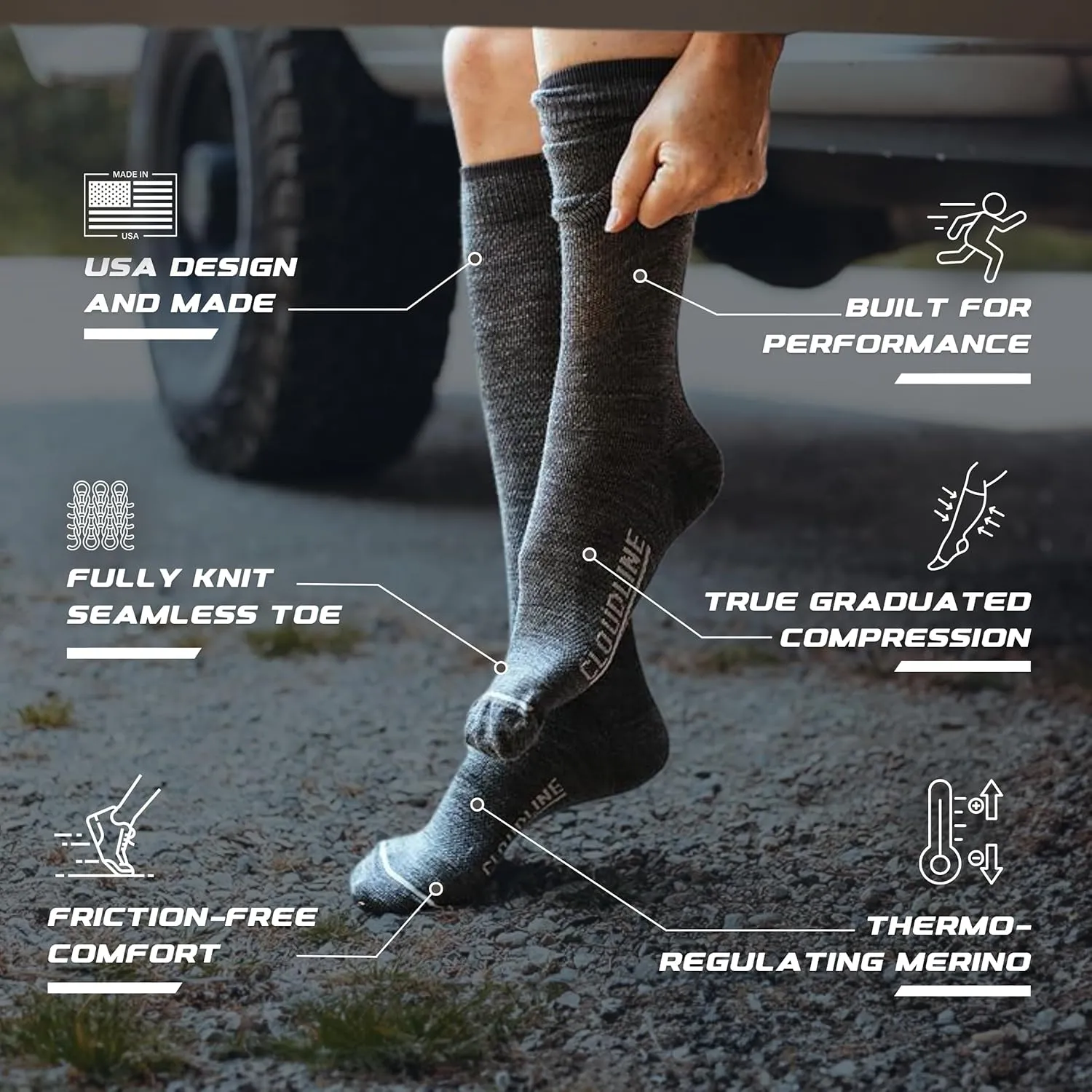 CloudLine - Merino Wool Graduated Compression Socks for Men and Women - Ultralight, Moisture Wicking, Made in USA - 1 Pair