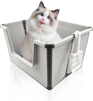 Collapsible Low Entry Litter Box, Splash Proof Open Top Litter Box Portable Foldable Cat Bedpan Travel with Shovel High Side Low Entry Cat Toilet Suitable for Small to Medium Sized Cats (Gray)