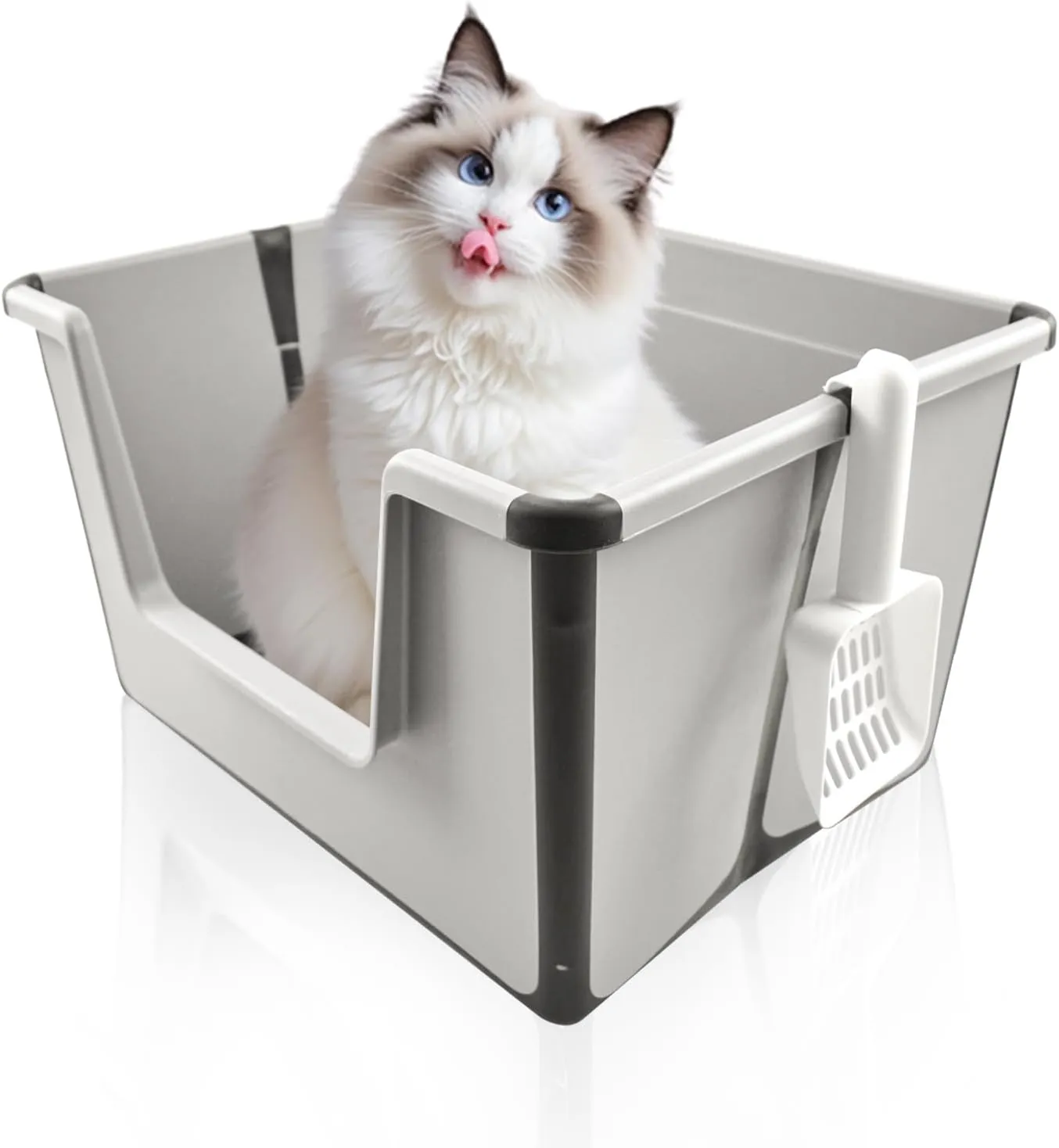 Collapsible Low Entry Litter Box, Splash Proof Open Top Litter Box Portable Foldable Cat Bedpan Travel with Shovel High Side Low Entry Cat Toilet Suitable for Small to Medium Sized Cats (Gray)