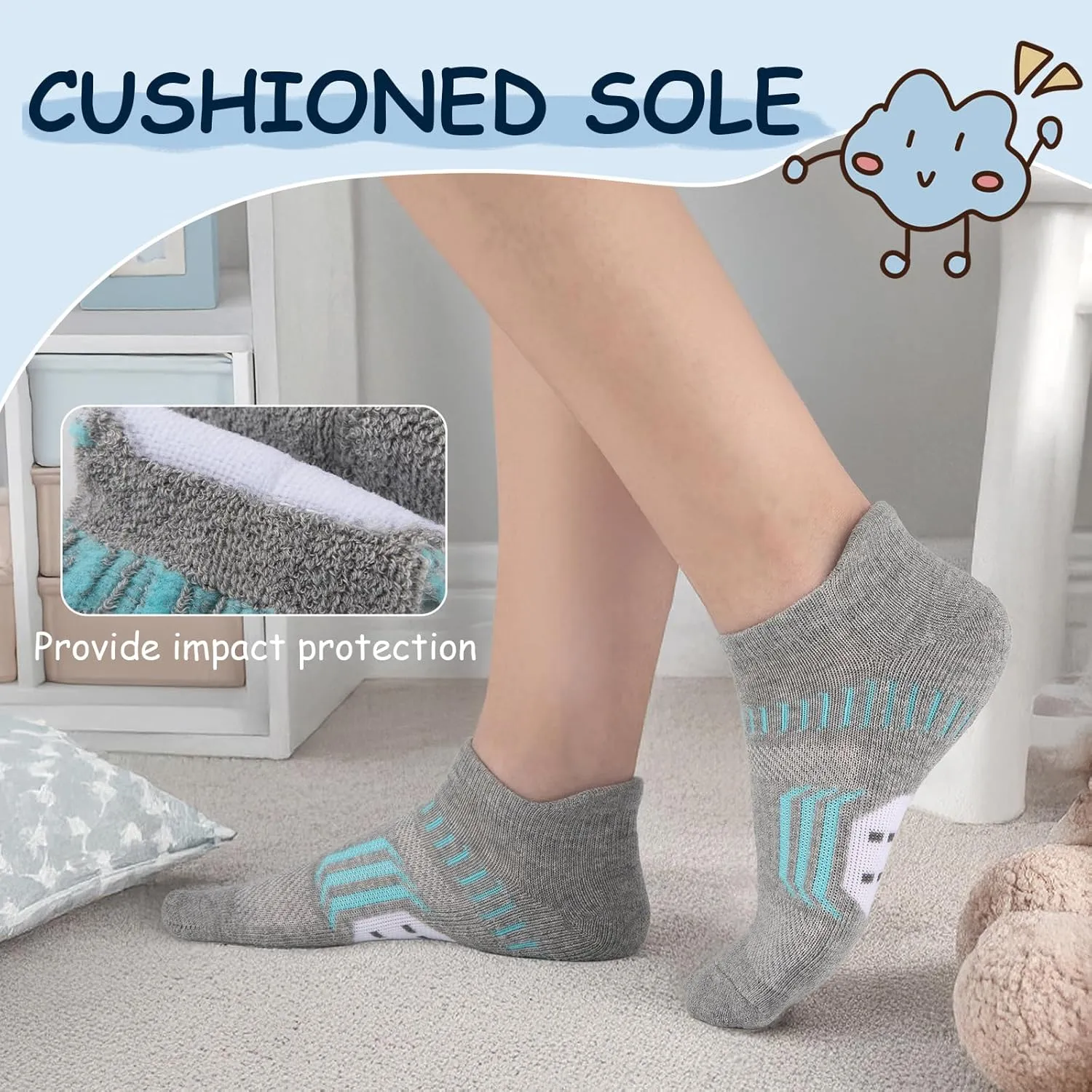 Comfoex 10 Pairs Girls Ankle Athletic Socks Cushioned Running Cotton Socks For 4-6 6-8 8-10 10-12 Years Old