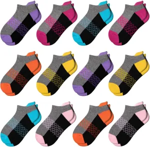 Comfoex 12 Pairs Girls Ankle Athletic Socks - 4-6, 8-10, 6-8 Years Old - Short Socks With Cushioned Sole