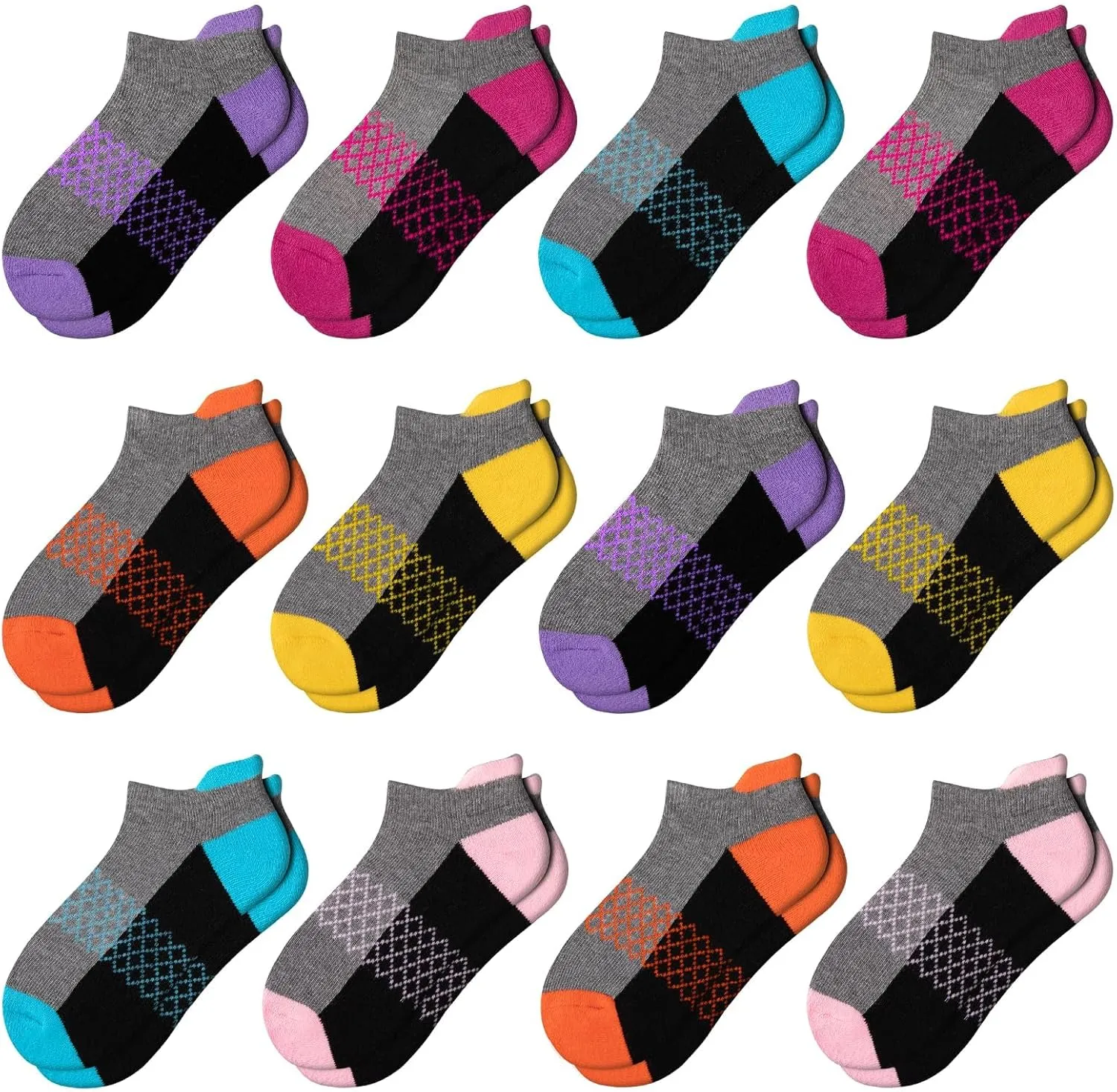 Comfoex 12 Pairs Girls Ankle Athletic Socks - 4-6, 8-10, 6-8 Years Old - Short Socks With Cushioned Sole