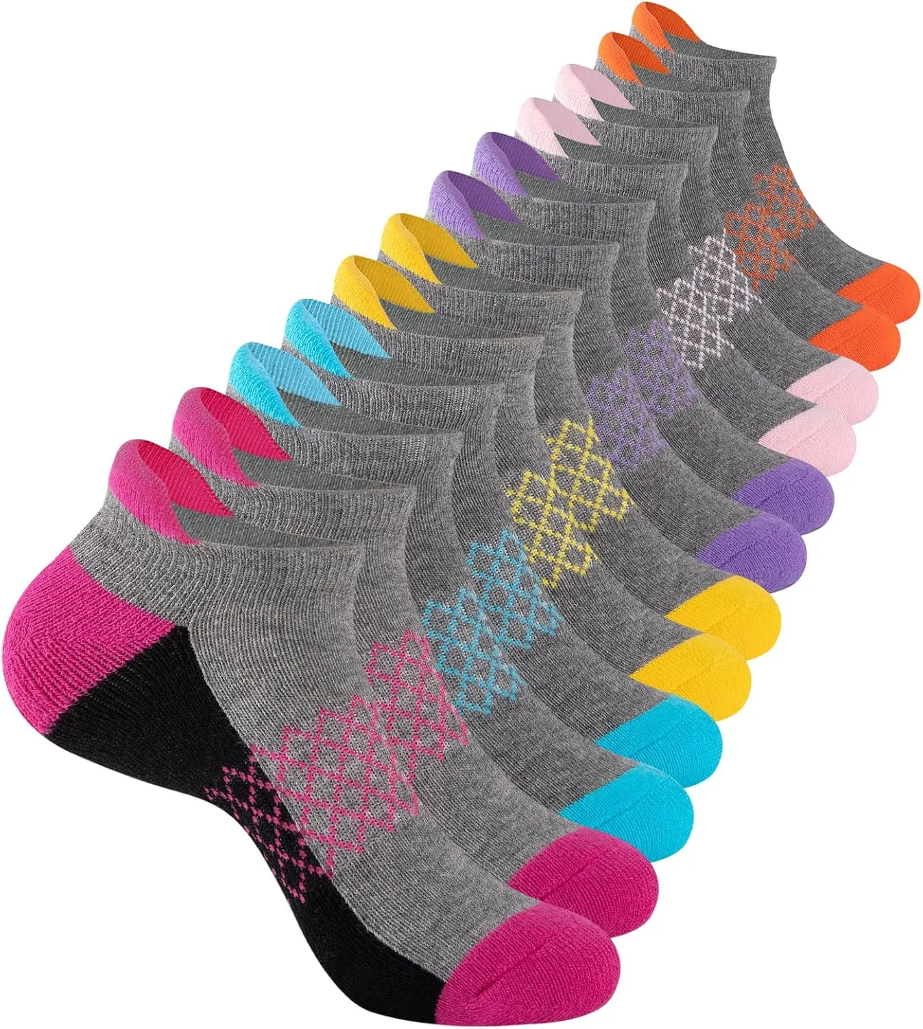 Comfoex 12 Pairs Girls Ankle Athletic Socks - 4-6, 8-10, 6-8 Years Old - Short Socks With Cushioned Sole