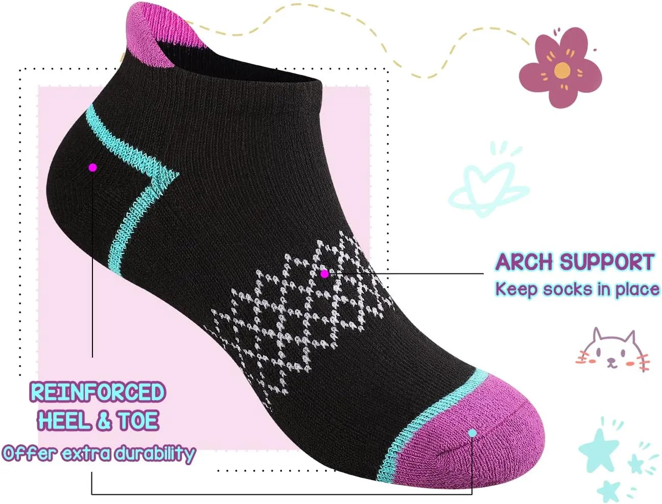 Comfoex 12 Pairs Girls Socks Ankle Athletic Socks Cotton Sports Socks With Cushioned Sole For Big Little Kids