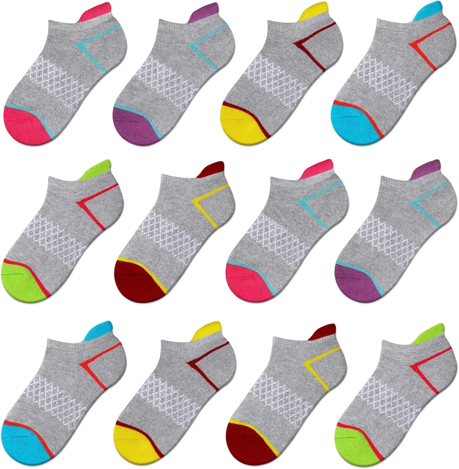 Comfoex 12 Pairs Girls Socks Ankle Athletic Socks Cotton Sports Socks With Cushioned Sole For Big Little Kids