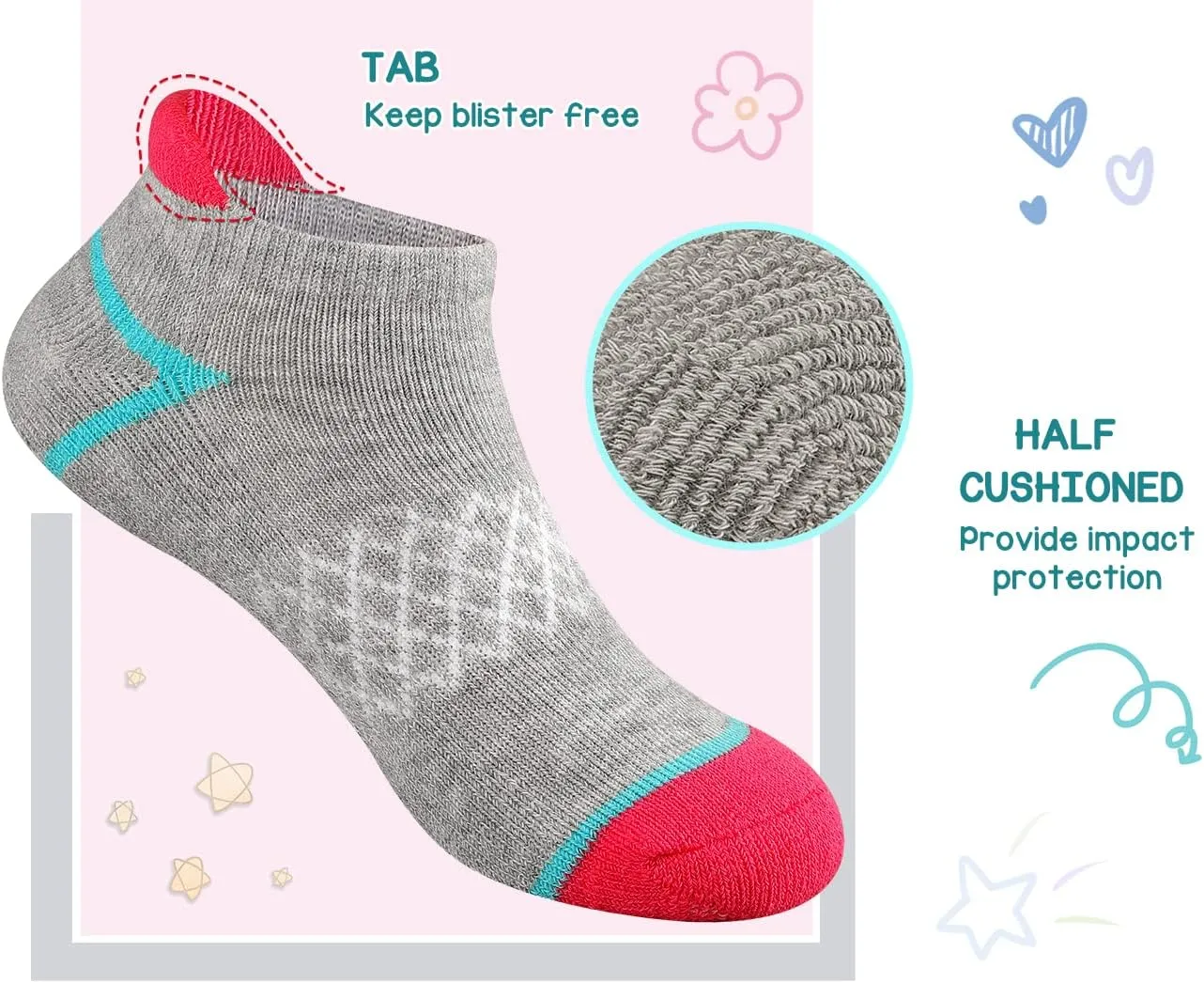 Comfoex 12 Pairs Girls Socks Ankle Athletic Socks Cotton Sports Socks With Cushioned Sole For Big Little Kids