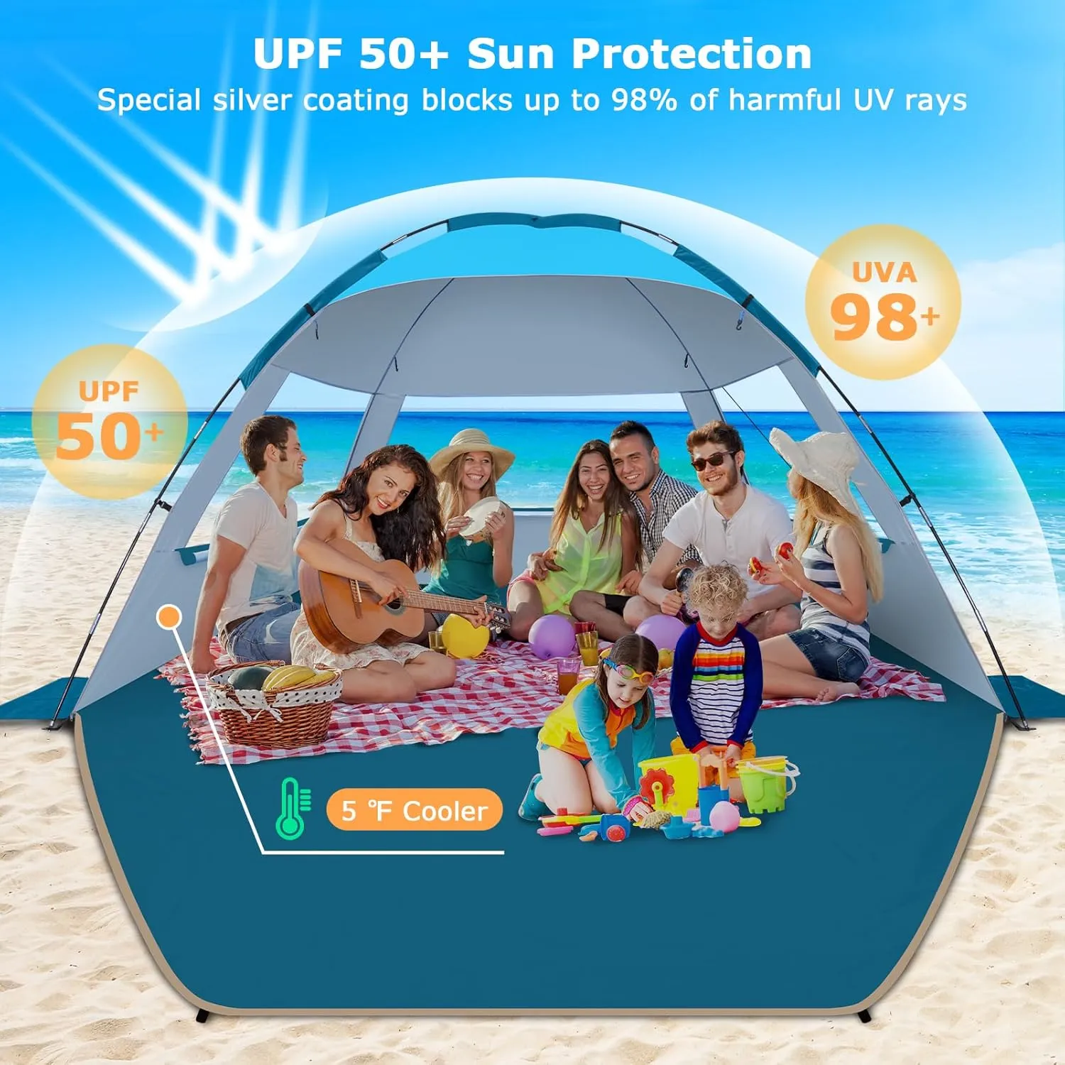 COMMOUDS Beach Tent Sun Shade for 3/4-5/6-7/8-10 Person, UPF 50  Beach Sun Shelter Canopy Tent, Lightweight, Easy Set Up and Carry