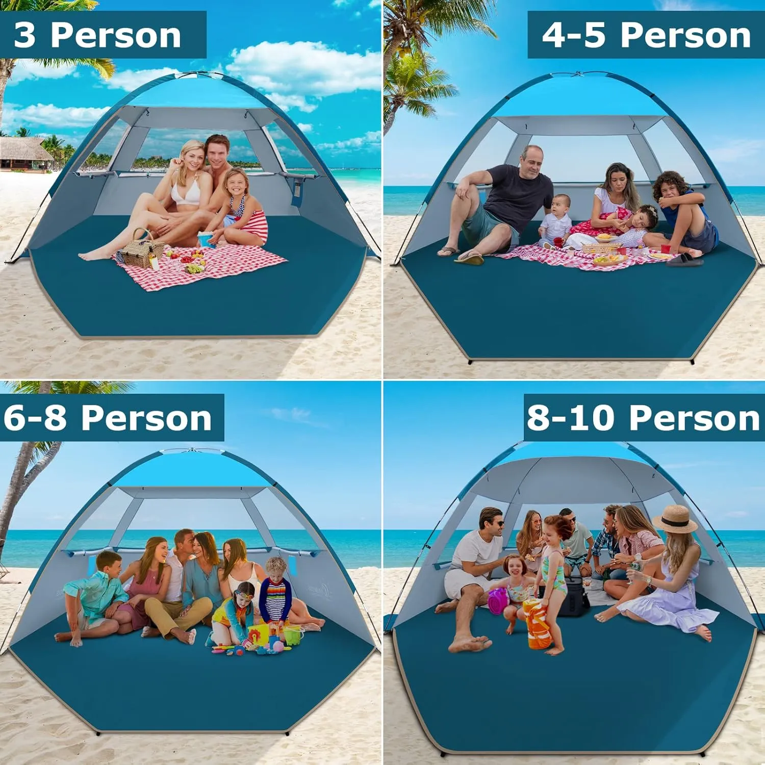 COMMOUDS Beach Tent Sun Shade for 3/4-5/6-7/8-10 Person, UPF 50  Beach Sun Shelter Canopy Tent, Lightweight, Easy Set Up and Carry