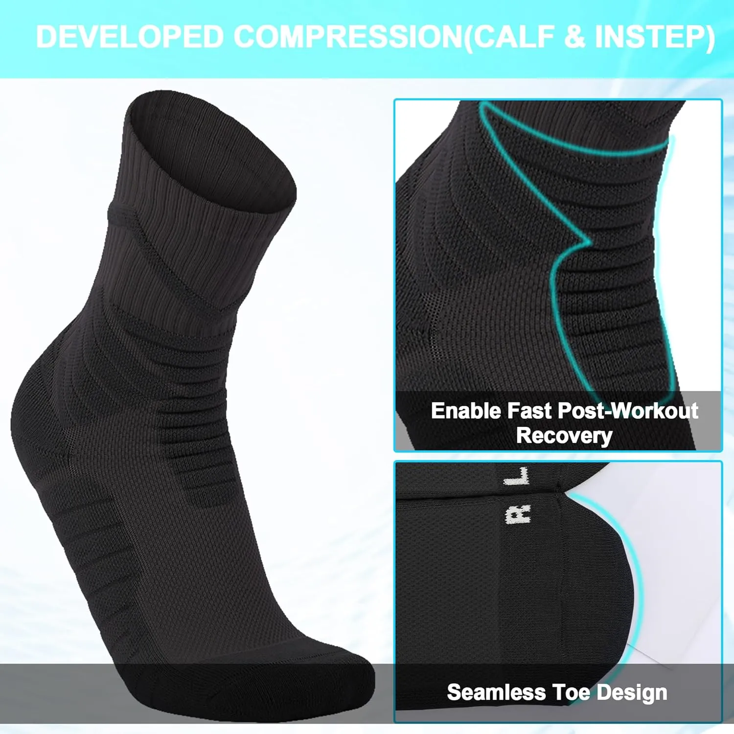 Compression Crew Socks for Men - Moisture-Wicking Anti-Blister Cushioned Athletic Running Hiking Basketball Socks