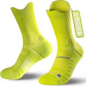 Compression Running Socks 3 Pairs, Cushion Crew Socks, Anti-Blister Moisture Wicking Athletic Hiking Basketball Socks