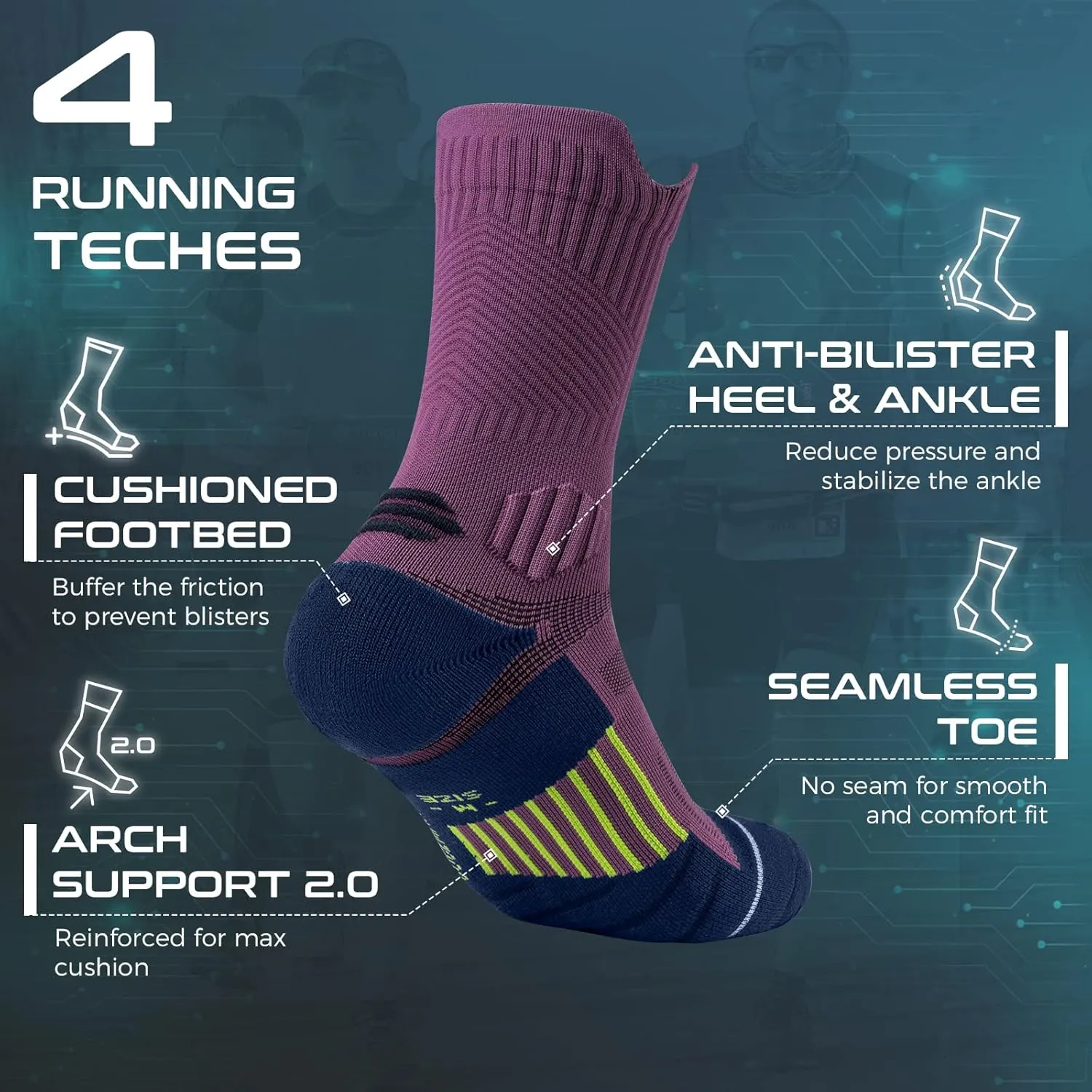 Compression Running Socks 3 Pairs, Cushion Crew Socks, Anti-Blister Moisture Wicking Athletic Hiking Basketball Socks