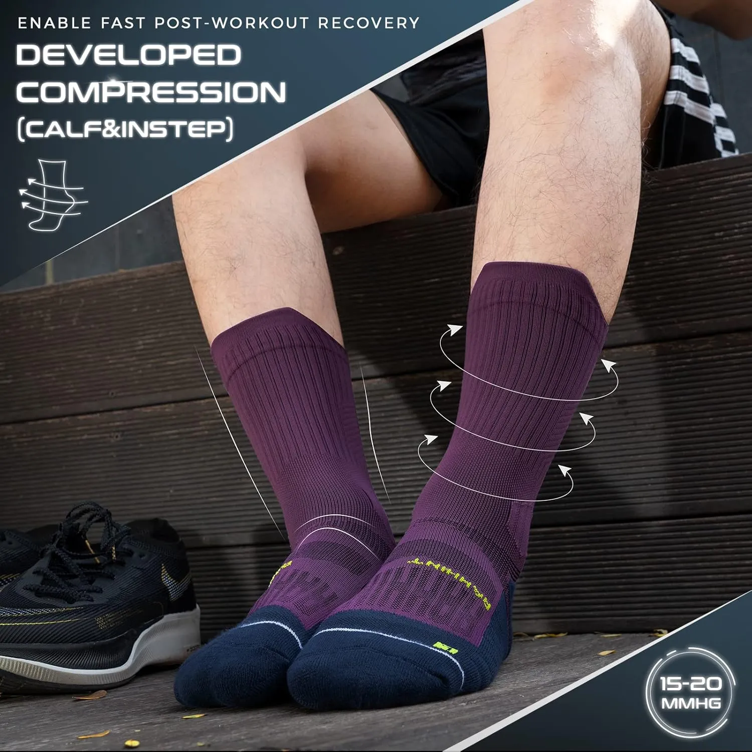 Compression Running Socks 3 Pairs, Cushion Crew Socks, Anti-Blister Moisture Wicking Athletic Hiking Basketball Socks