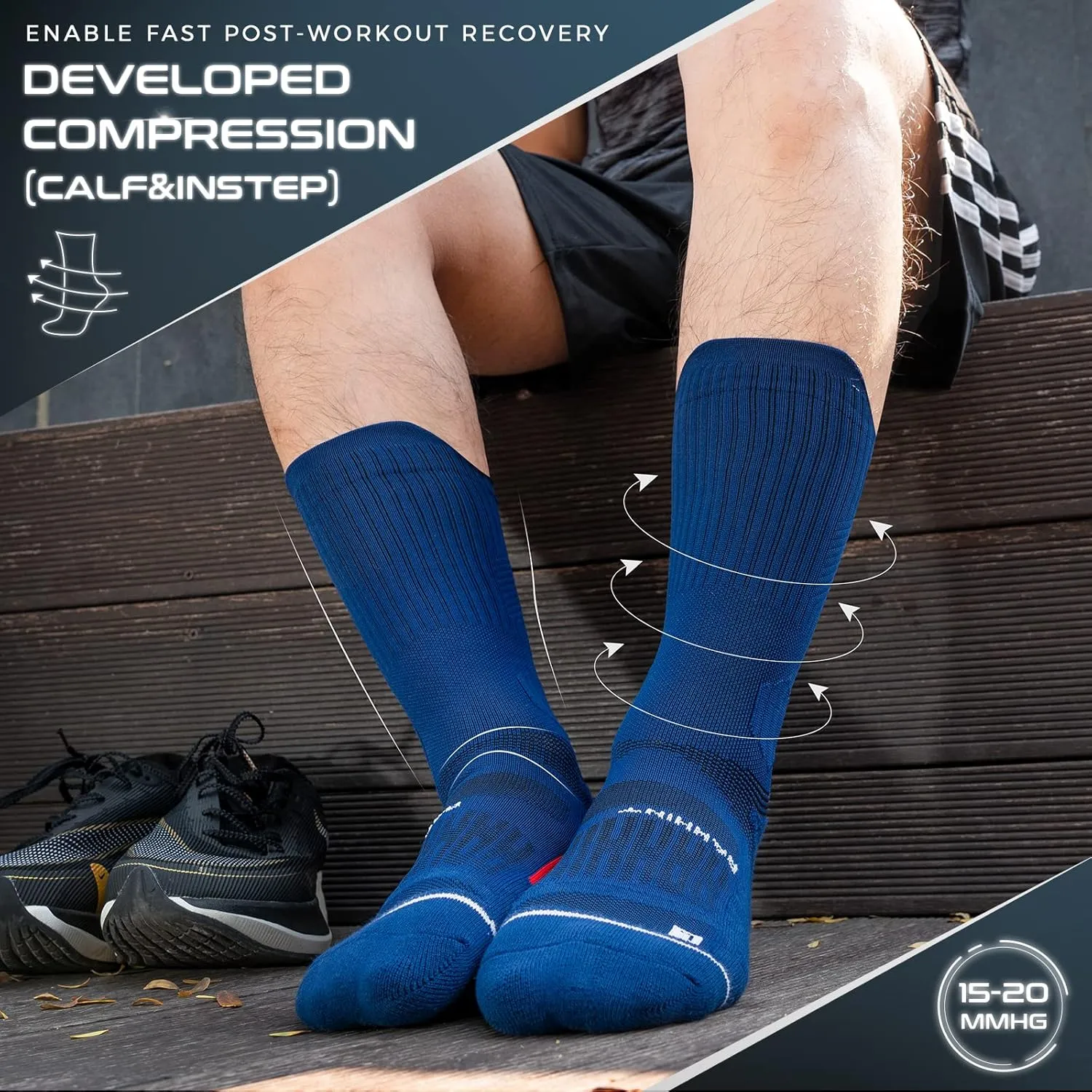 Compression Running Socks 3 Pairs, Cushion Crew Socks, Anti-Blister Moisture Wicking Athletic Hiking Basketball Socks