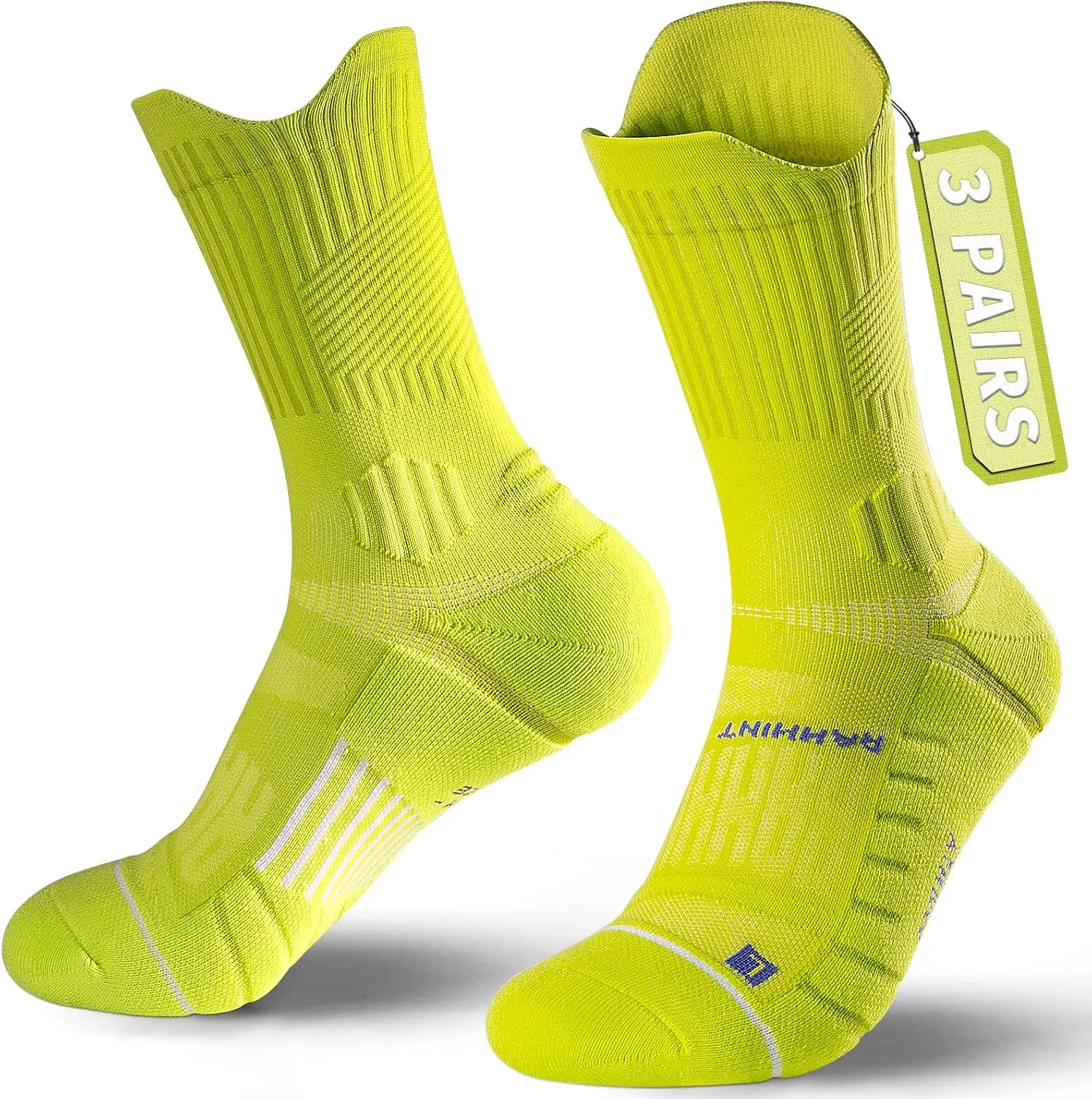Compression Running Socks 3 Pairs, Cushion Crew Socks, Anti-Blister Moisture Wicking Athletic Hiking Basketball Socks