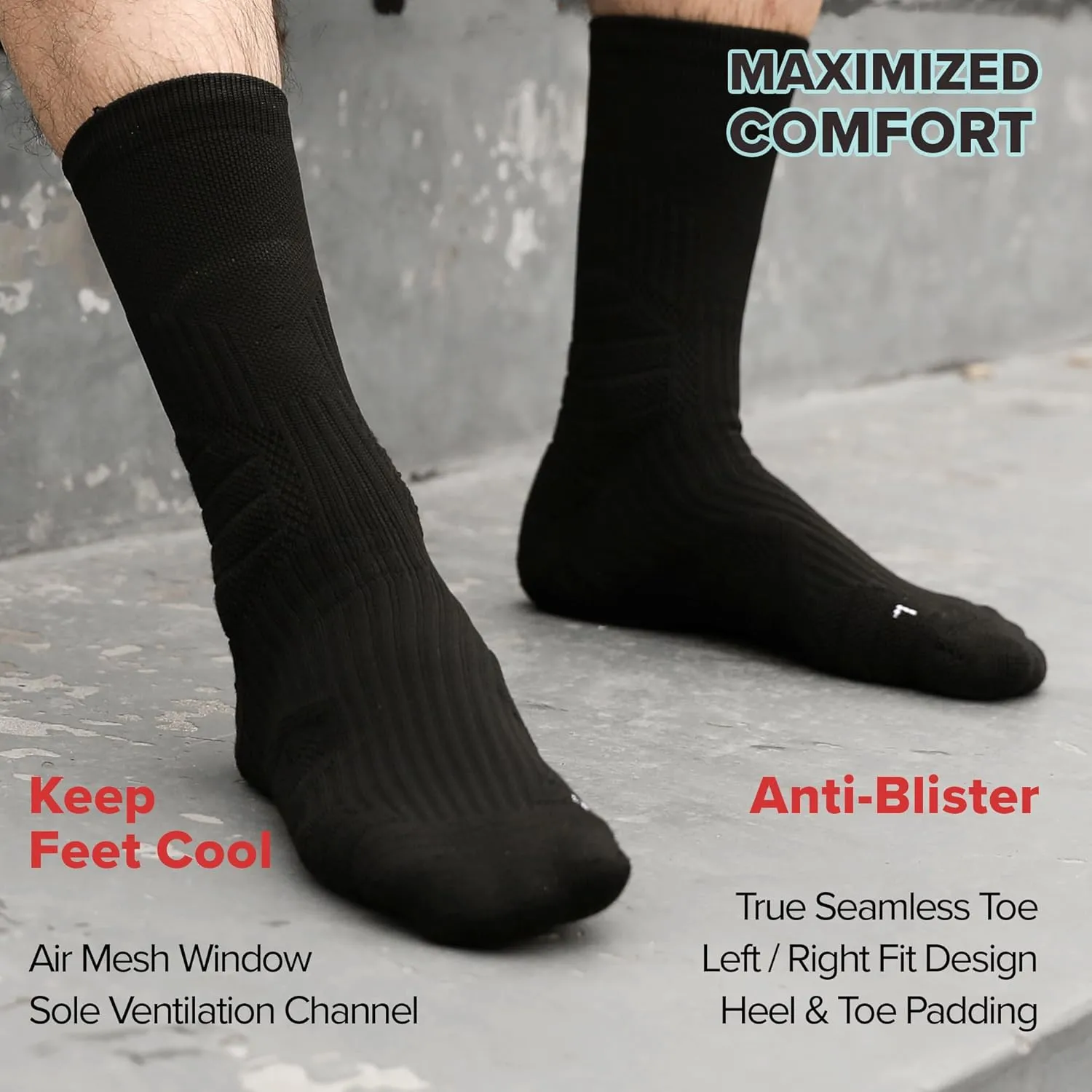 Compression Running Socks Men – Cushion Padded Anti-Blister, Moisture Wicking Cooling, Athletic Socks Crew, 3 Pairs