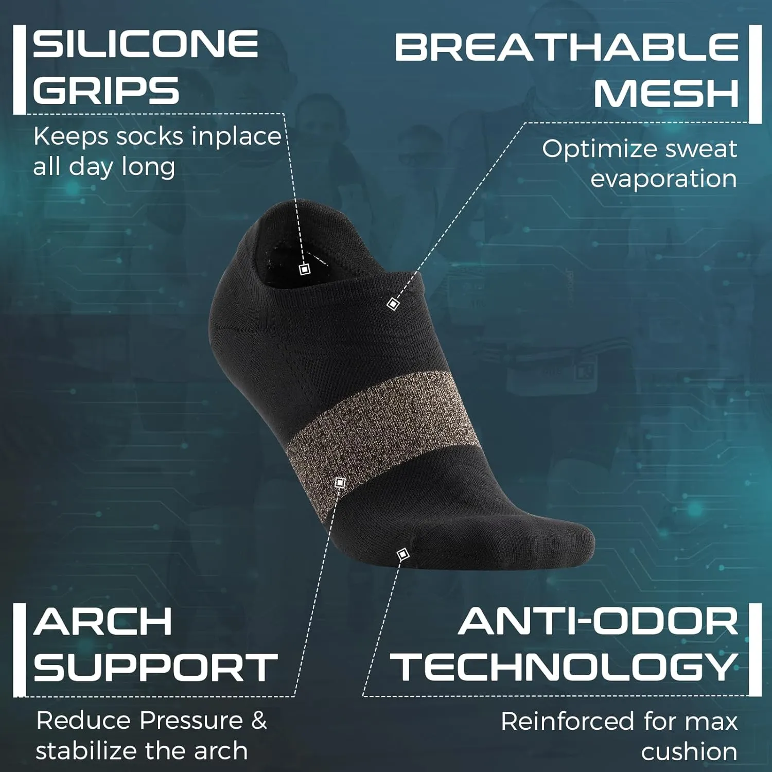 Compression Silver Ankle Socks Odor Control Lightweight Arch Support Fit Performance Low Cut Athletic Running Socks 2 Pairs