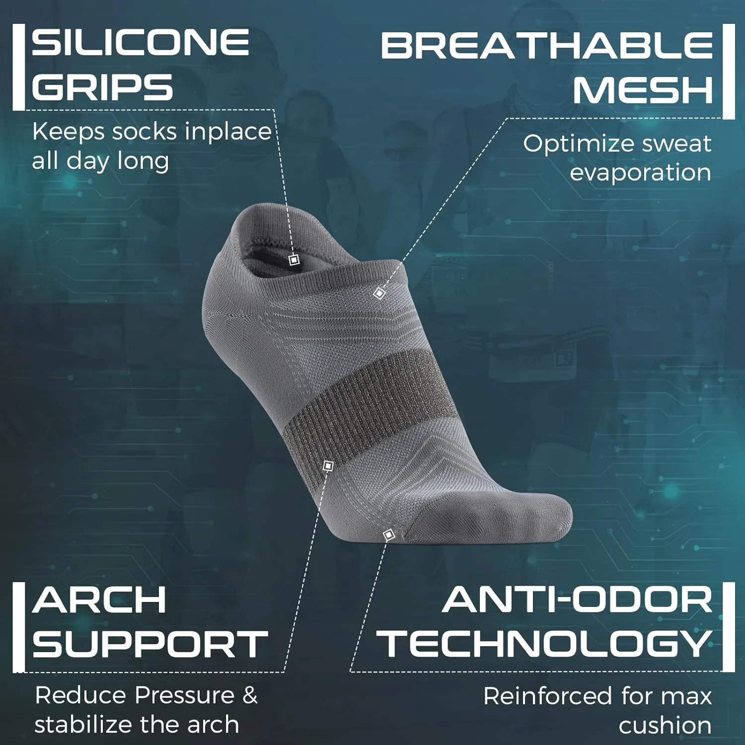 Compression Silver Ankle Socks Odor Control Lightweight Arch Support Fit Performance Low Cut Athletic Running Socks 2 Pairs