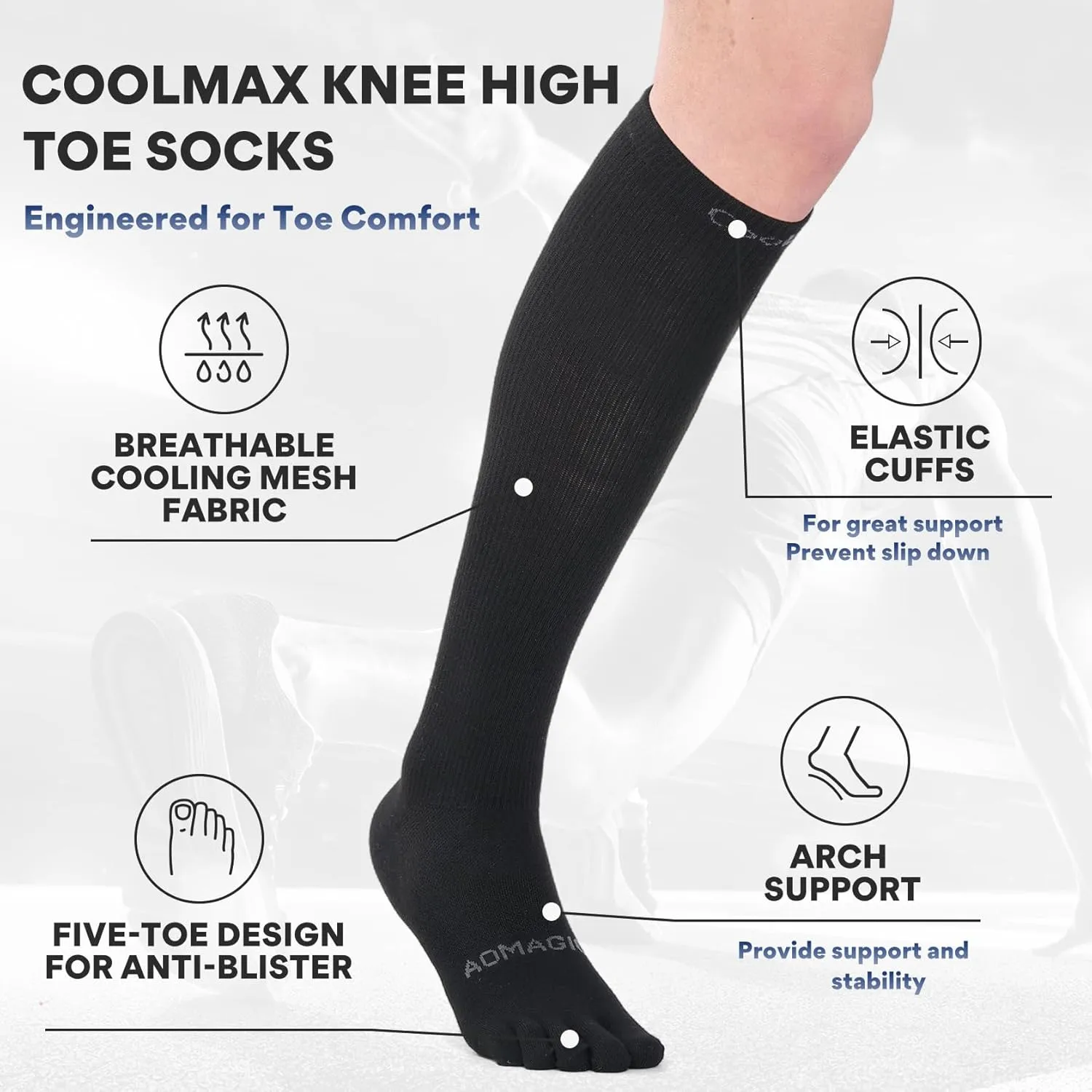 Compression Toe Socks Knee High Coolmax Hiking Socks Graduated Support for Running,Travel,Flight