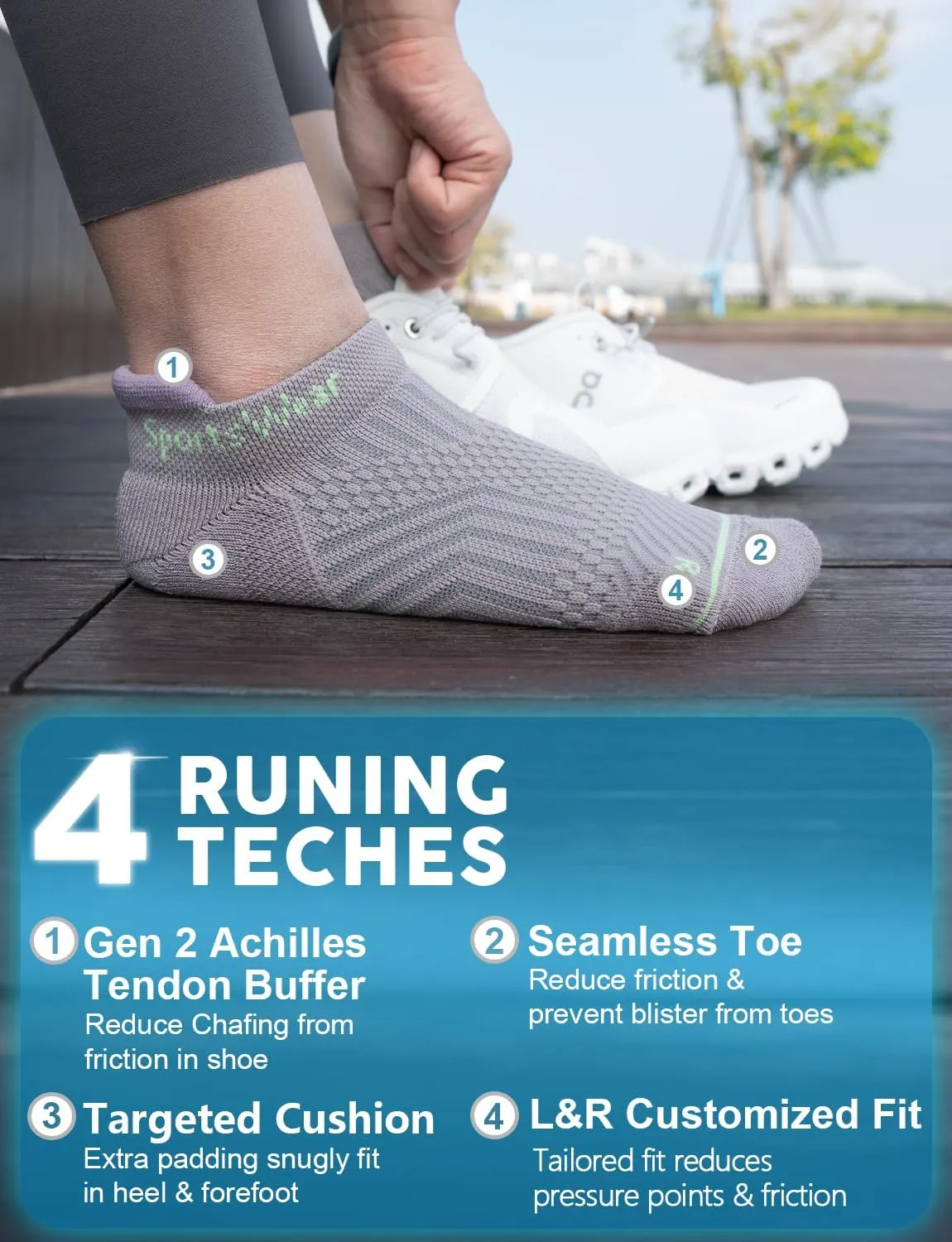 Coolmax Bamboo Viscose Compression Running No Show Sock Women, Moisture Wicking Cushion AntiBlister Athletic Ankle
