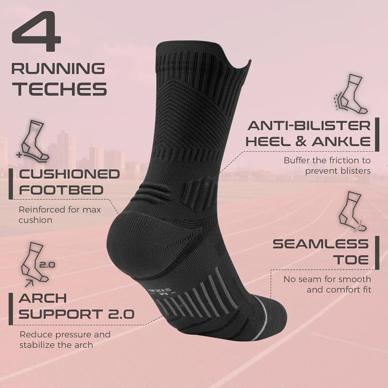 Coolmax Compression Running Socks for Women 3 Pairs, Cushion Crew Socks, Anti-Blister Moisture Wicking Athletic Socks