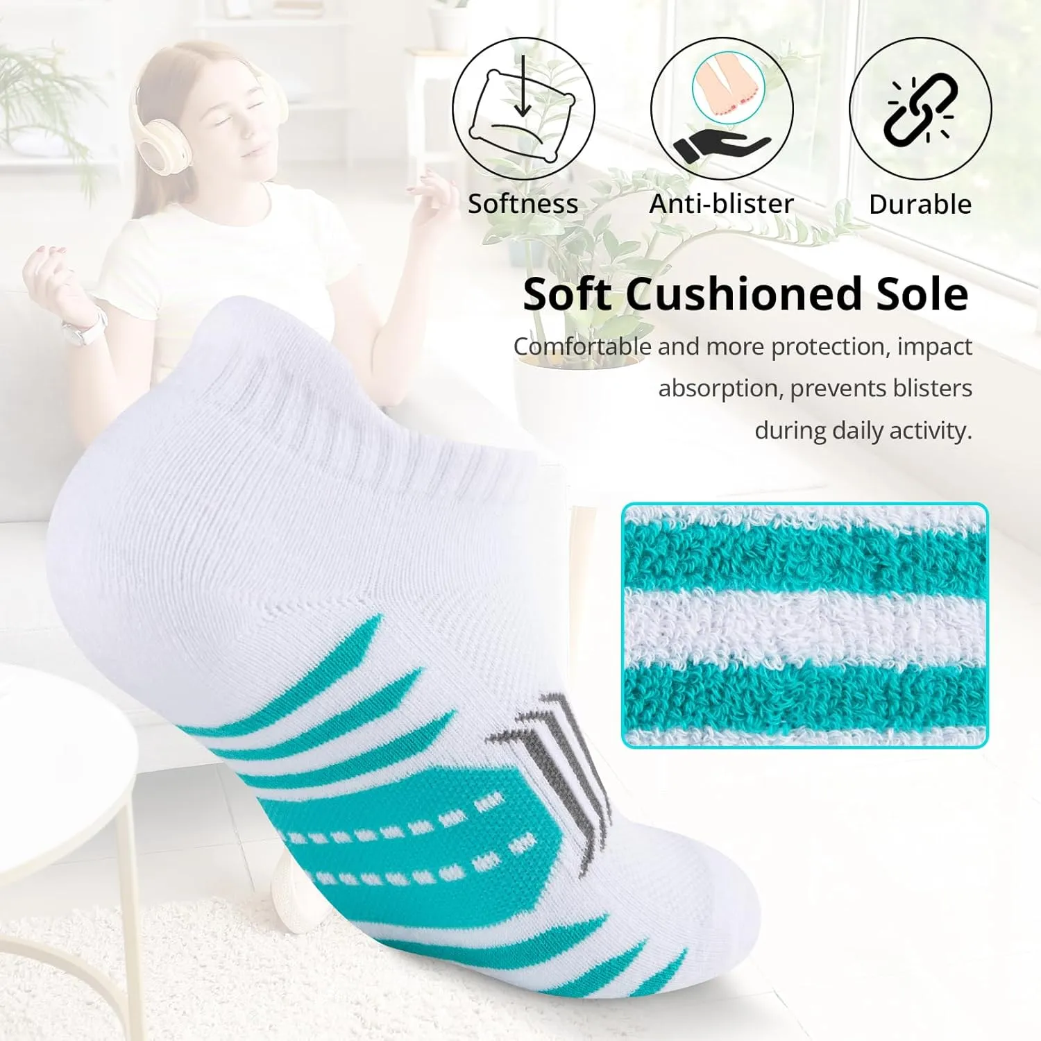 COOPLUS Ankle Socks Womens Athletic Cushioned Anti-Blister Running Cotton Low Cut Socks 6 Pairs