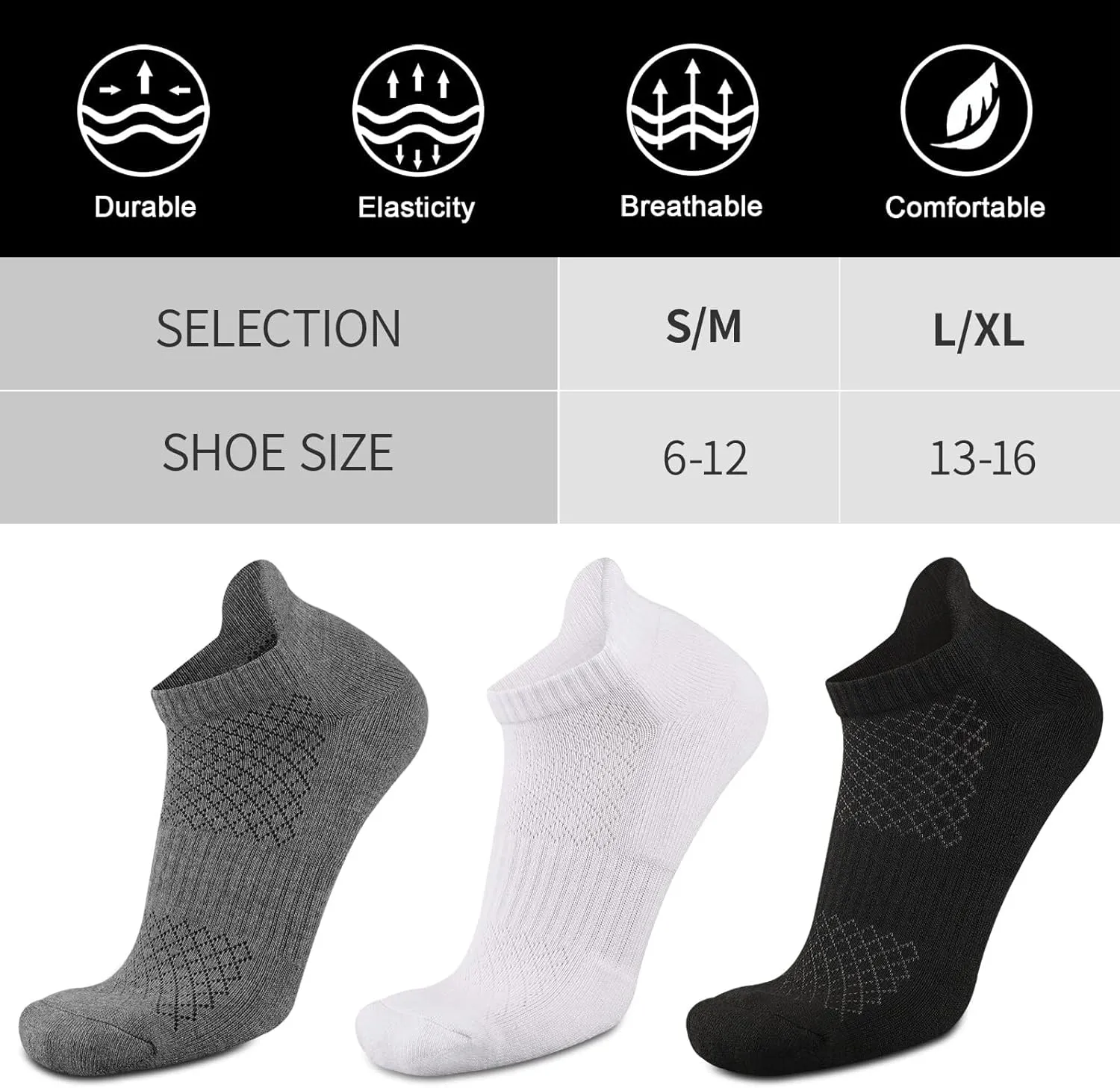 COOPLUS Mens Cotton Socks Ankle Athletic Cushion Running Socks for Men Moisture Wicking Breathable 6 Pairs