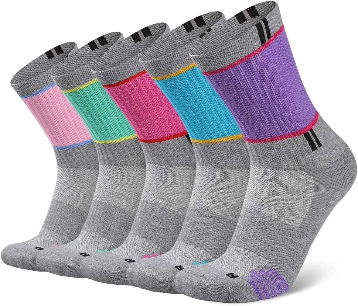 COOPLUS Womens Athletic Crew Socks Performance Cushioned Outdoor Hiking Moisture Wicking Socks (5 Pairs)