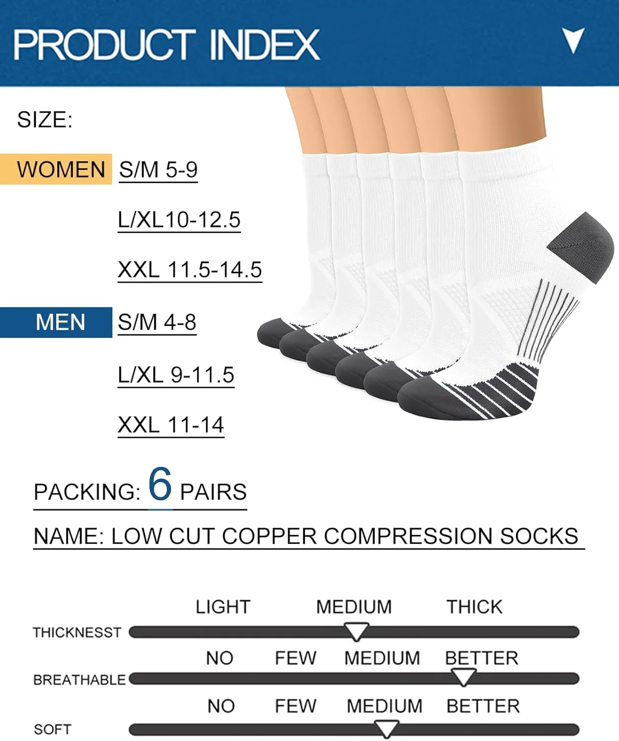 Copper Compression Socks Women and Men 6 Pairs - Circulation Arch Support Plantar Fasciitis Running Ankle Socks
