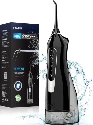 COSLUS Water Dental Flosser Teeth Pick: 300ML Rechargeable Travel Irrigation Cleaner IPX7 Waterproof Portable Cordless Oral Irrigatorfor Teeth Cleaning with 1 Jet Tips