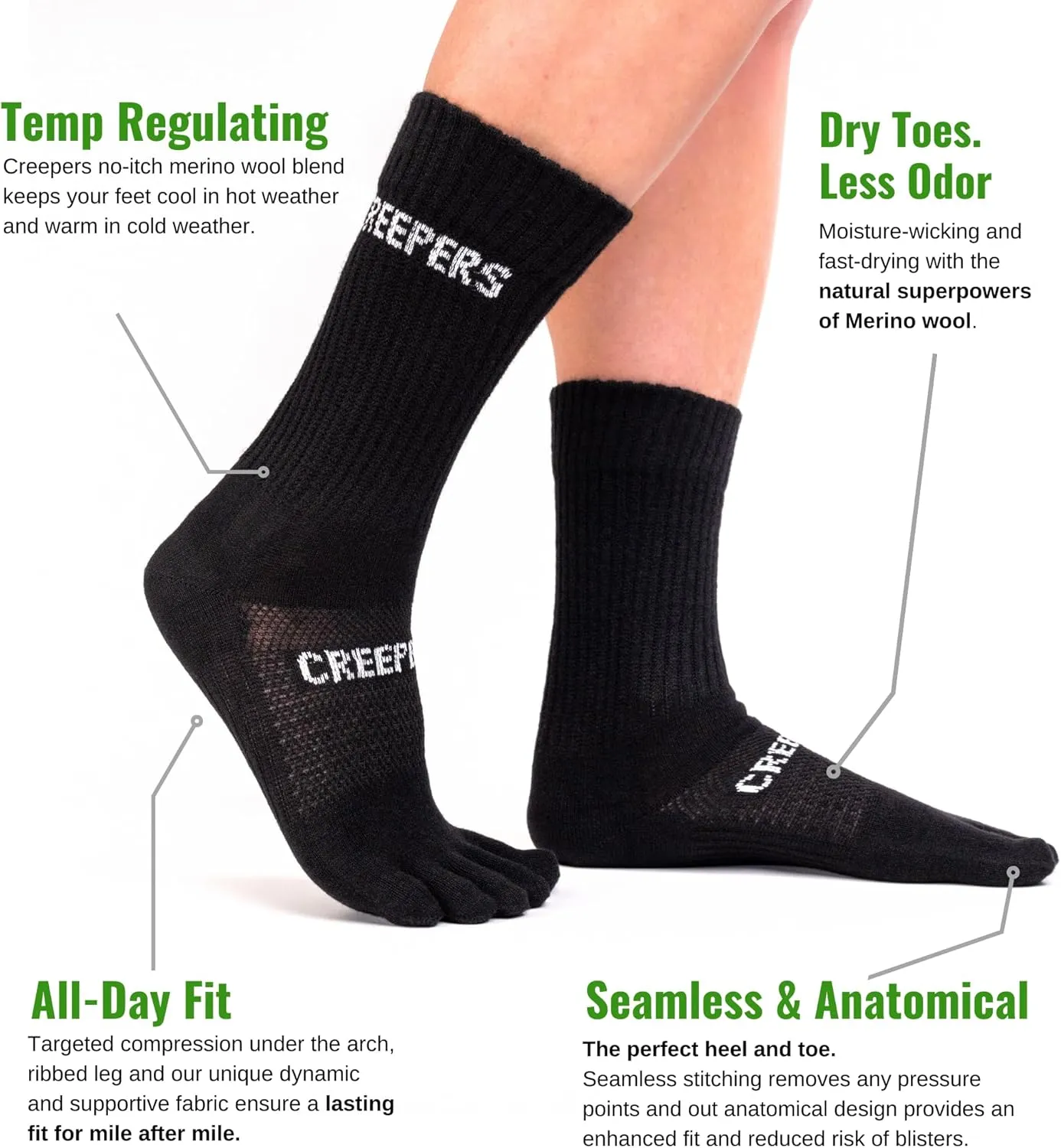 Creepers Blister Busting Merino Wool Toe Socks, Crew Length Hiking & Trails, Unisex for Men & Women Socks