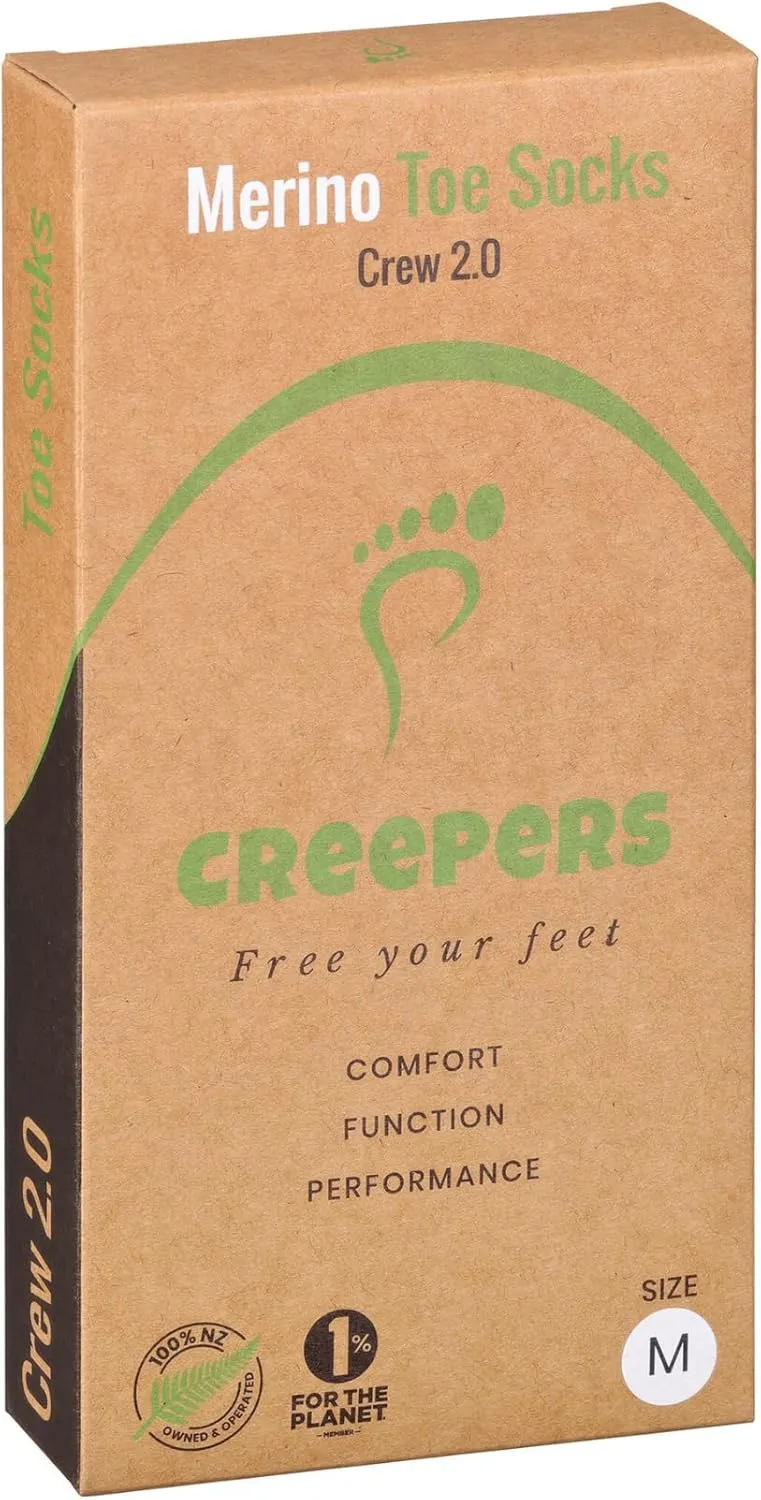 Creepers Blister Busting Merino Wool Toe Socks, Crew Length Hiking & Trails, Unisex for Men & Women Socks
