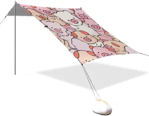 Cute Cartoon Pig Pink Designed UPF50  Beach Canopy Waterproof Sun Shelter with Sturdy Poles, Sandbags and Shovel for Camping, Picnics, Backyard carpa para Playa
