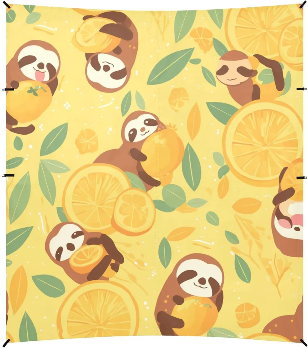 Cute Sloths on Yellow Lemons Foldable Beach Canopy UPF50  Protection Waterproof Sun Shelter with Sturdy Poles, Sandbags and Shovel for Backyard, Grassland, Park