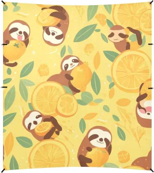 Cute Sloths on Yellow Lemons Foldable Beach Canopy UPF50  Protection Waterproof Sun Shelter with Sturdy Poles, Sandbags and Shovel for Backyard, Grassland, Park
