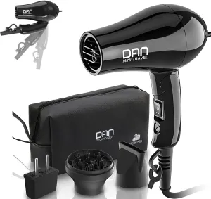 DAN Technology Compact Hair Dryer, Black, European Plug, Portable Mini Blow Dryer with Concentrator & Diffuser, Travel Hair Dryer, 1.2 watts, Foldable, 2 Speeds & Settings