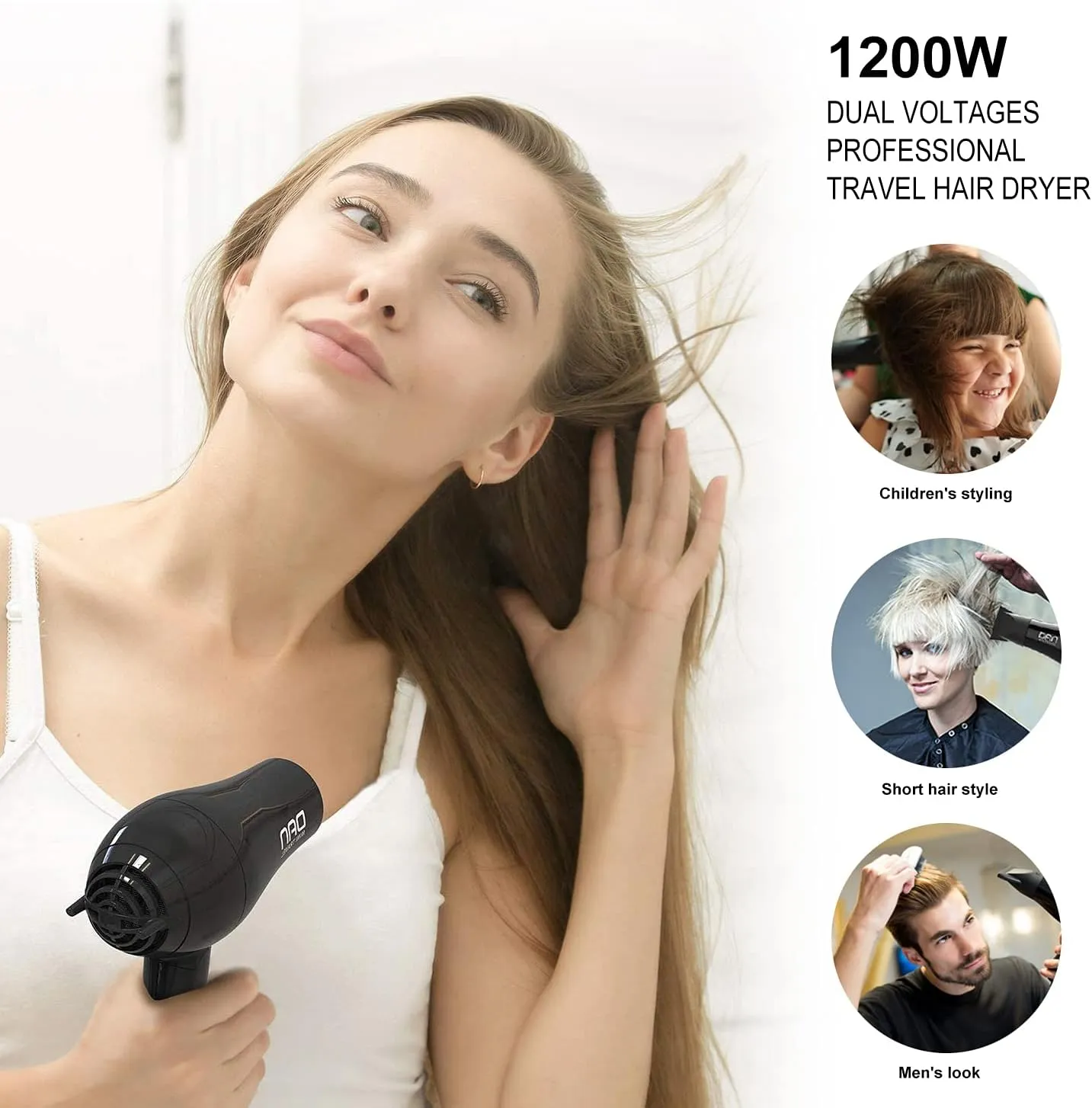DAN Technology Compact Hair Dryer, Black, European Plug, Portable Mini Blow Dryer with Concentrator & Diffuser, Travel Hair Dryer, 1.2 watts, Foldable, 2 Speeds & Settings