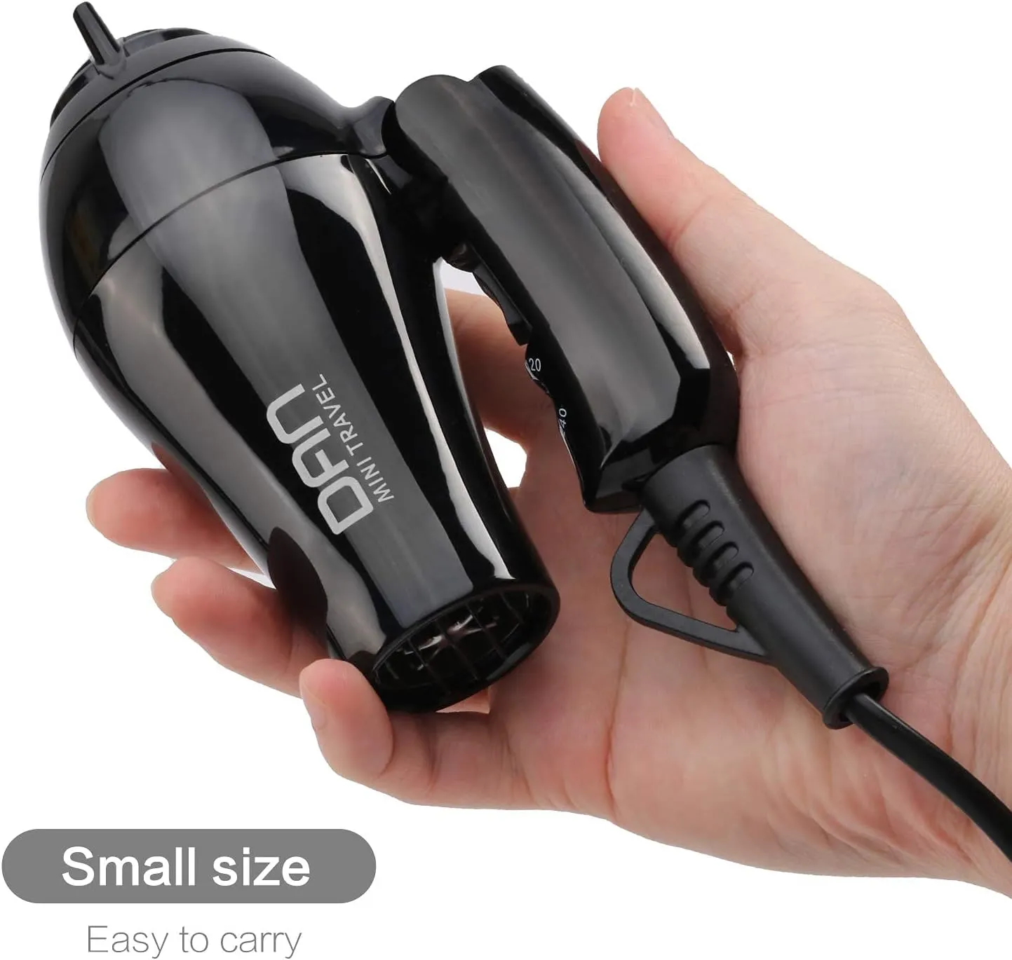 DAN Technology Compact Hair Dryer, Black, European Plug, Portable Mini Blow Dryer with Concentrator & Diffuser, Travel Hair Dryer, 1.2 watts, Foldable, 2 Speeds & Settings