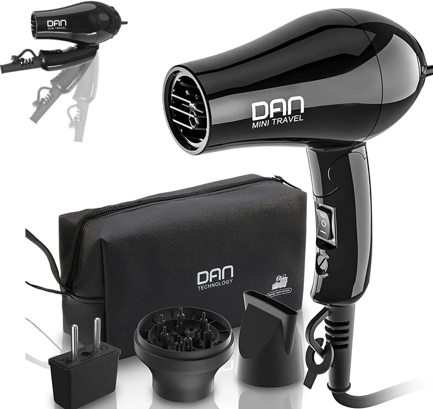 DAN Technology Compact Hair Dryer, Black, European Plug, Portable Mini Blow Dryer with Concentrator & Diffuser, Travel Hair Dryer, 1.2 watts, Foldable, 2 Speeds & Settings