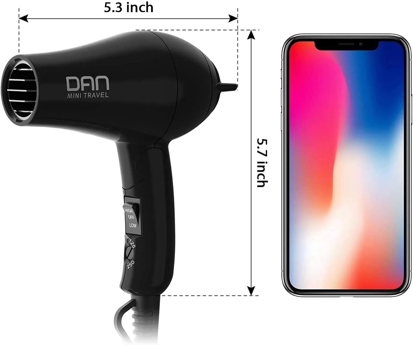DAN Technology Compact Hair Dryer, Black, European Plug, Portable Mini Blow Dryer with Concentrator & Diffuser, Travel Hair Dryer, 1.2 watts, Foldable, 2 Speeds & Settings