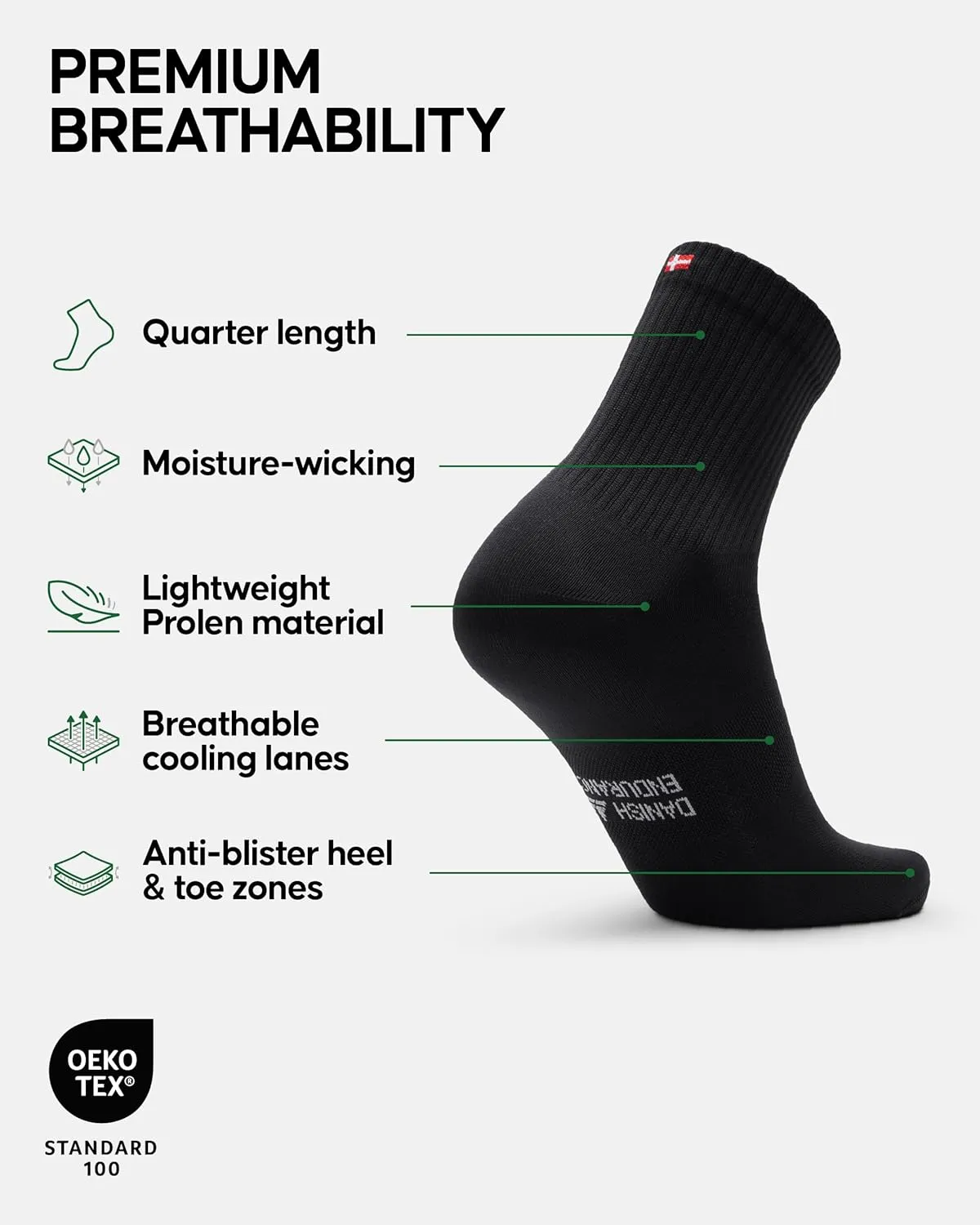 DANISH ENDURANCE Athletic Socks, Anti-blister, Breathable & Moisture Wicking Quarter Socks, for Men & Women, 3 Pack