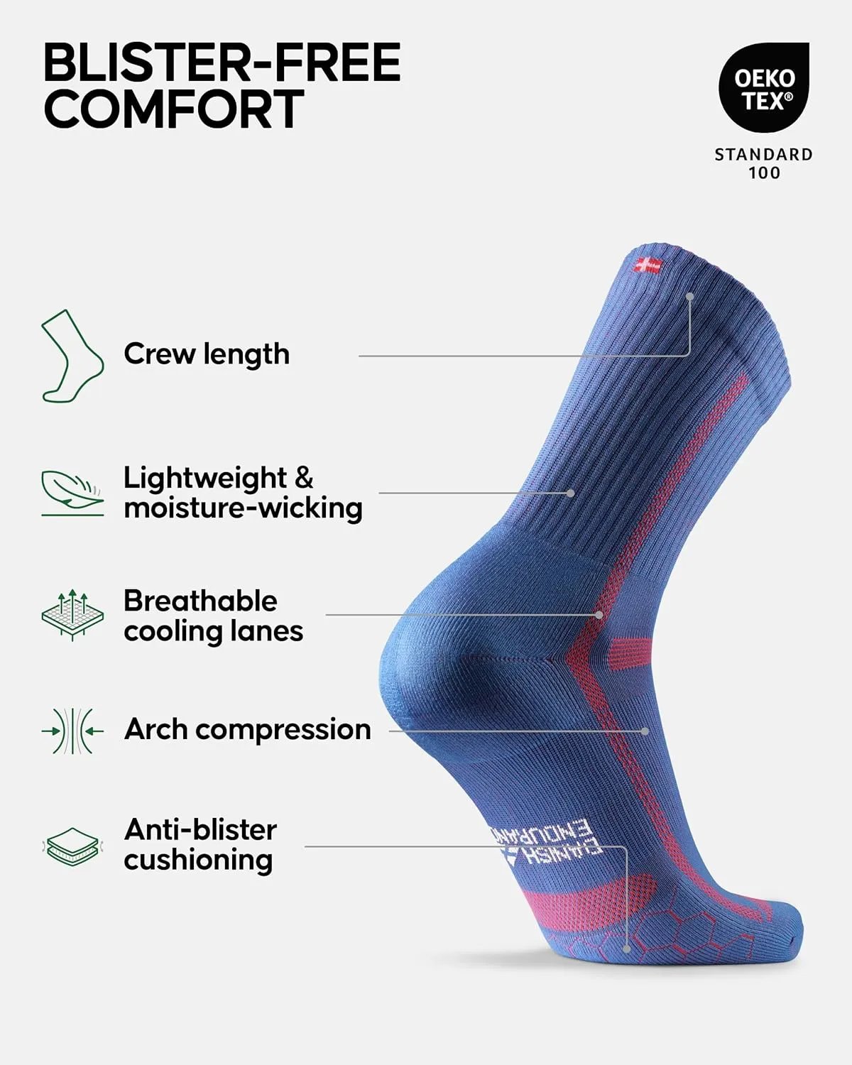 DANISH ENDURANCE Cushioned Running Socks for Long Distances, Crew Length, Anti-Blister for Men & Women, 3 and 5 Pack