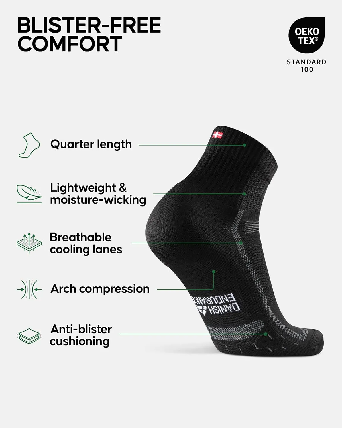 DANISH ENDURANCE Cushioned Running Socks for Long Distances, Quarter Length, Anti-Blister for Men & Women, 3 and 5 Pack