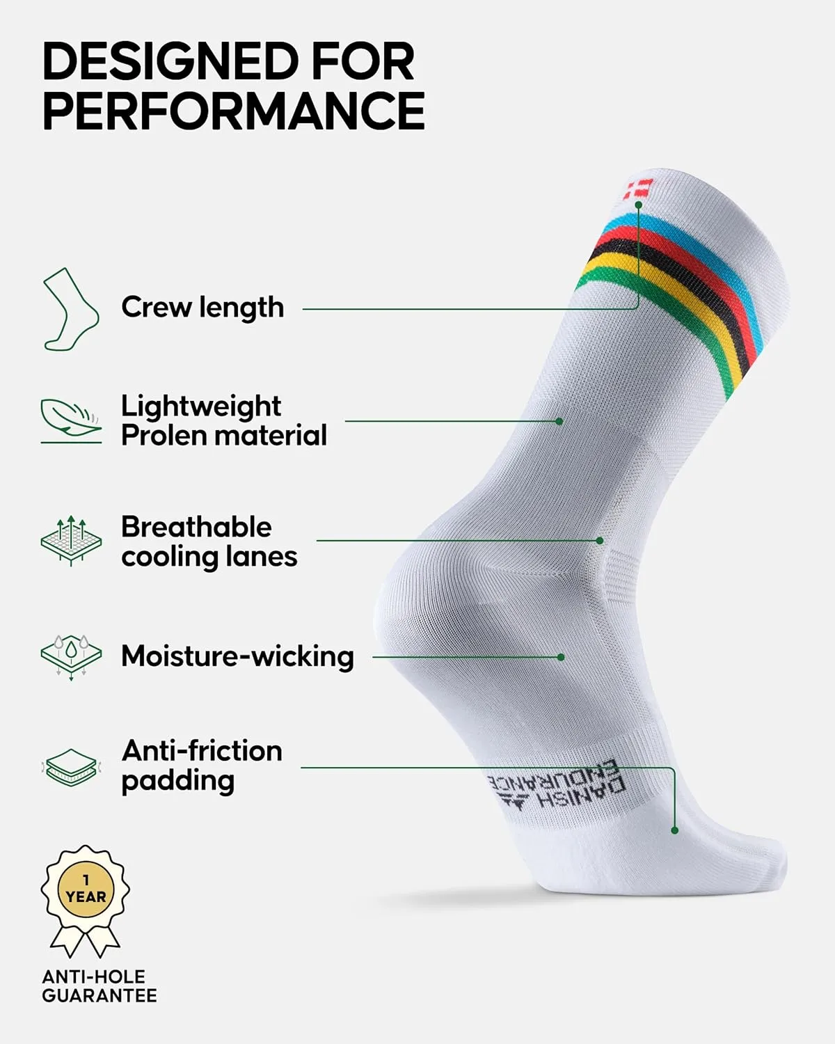 DANISH ENDURANCE Cycling Socks, Crew Length, Breathable, and Cushioned Bike Socks, for Men & Women, Unisex, 3-Pack
